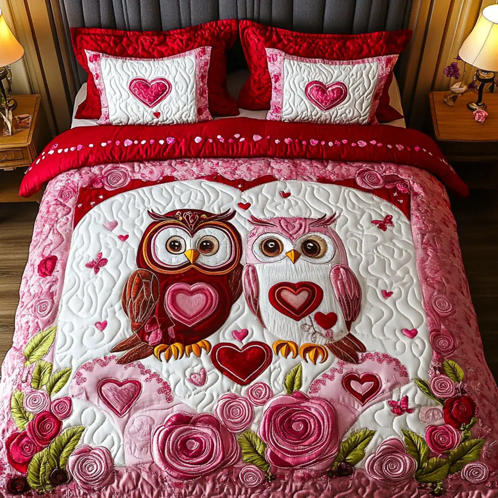Owl Quilted Bedding Set Wild Hearts Duvet Cover Best Gifts For A Family For Valentine Day