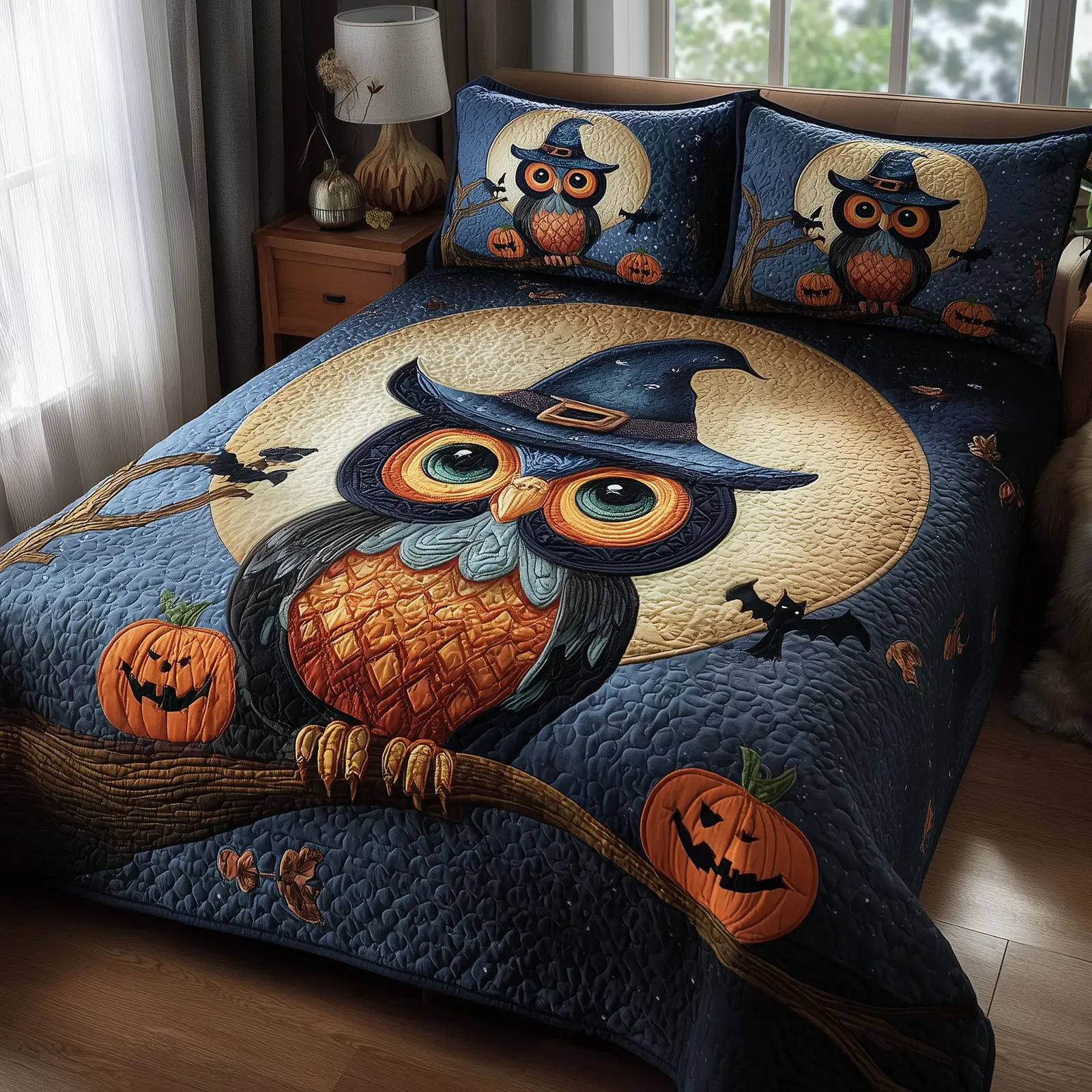 Owl Witch Halloween Quilted Bedding Set Holiday Gift