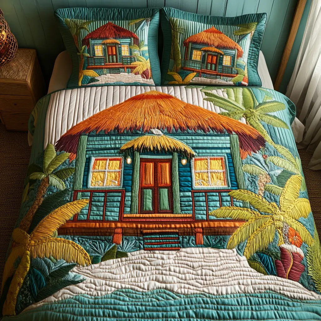 Palm Paradise Quilted Bedding Set Lightweight Duvet Cover Set for Year-Round Comfort