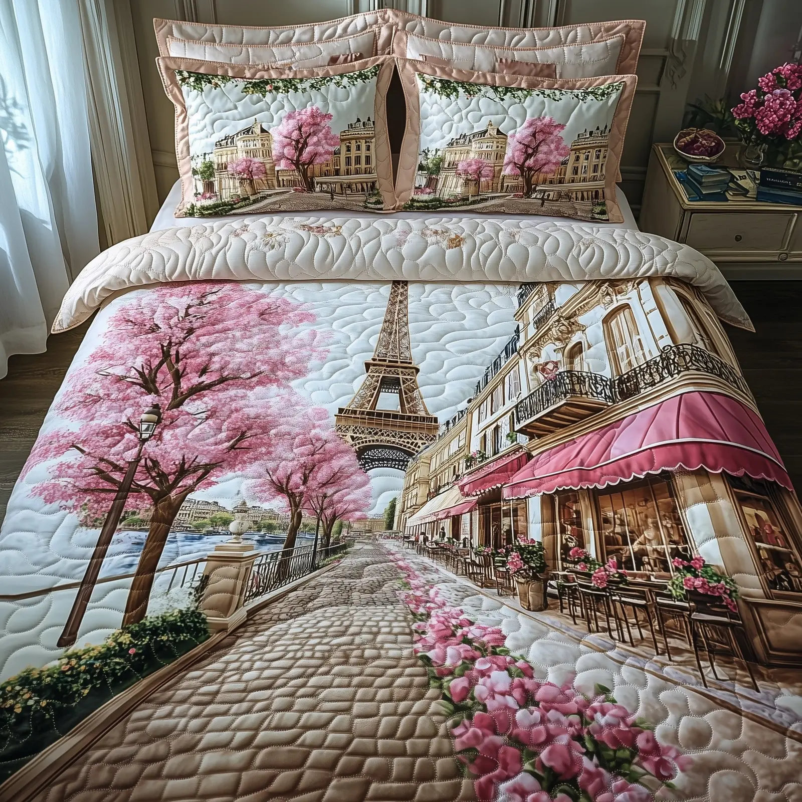 Paris In Bloom Quilted Bedding Set Classic Style