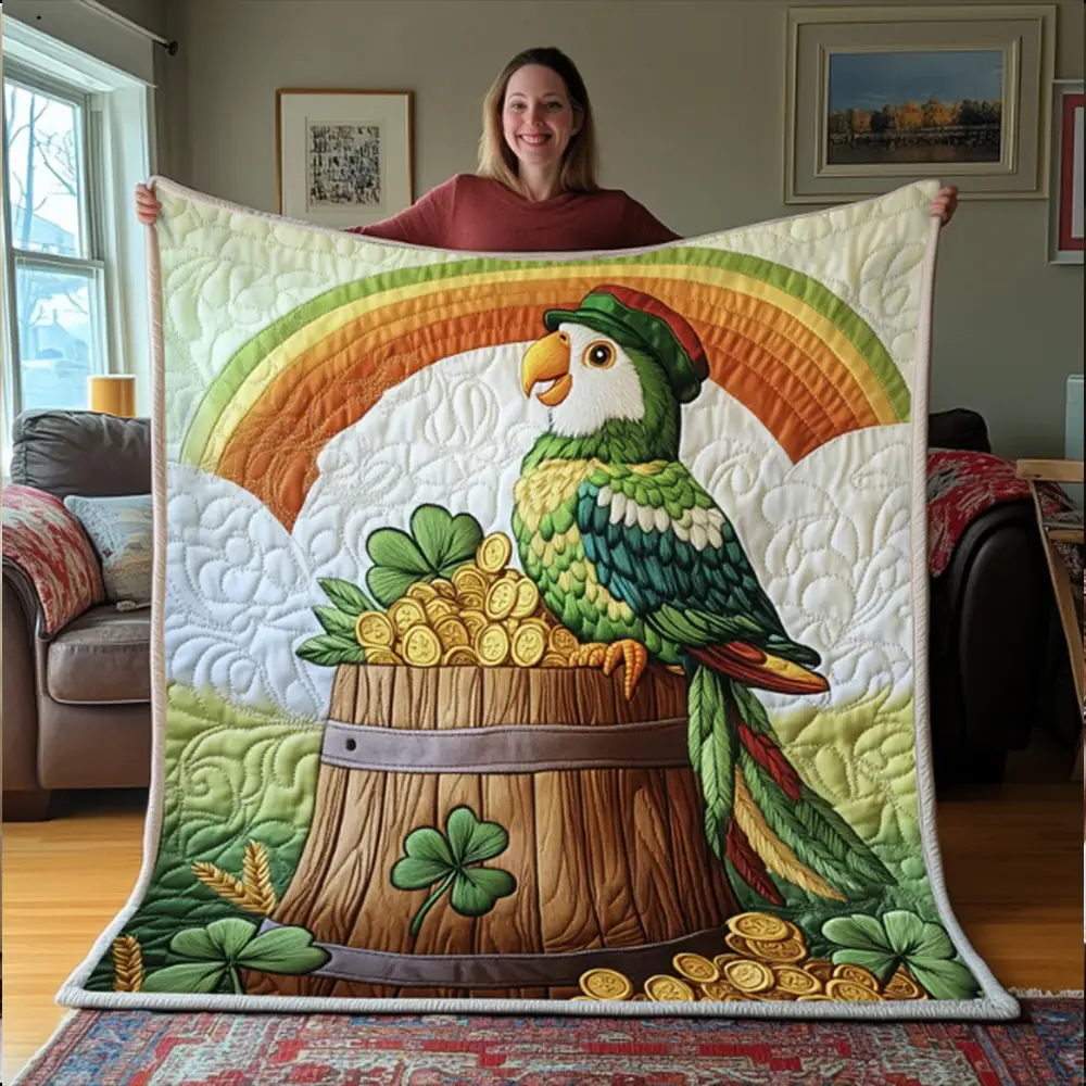 Parrot Revelry On Rainbow St Patrick's Day Quilt Blanket Best Gift For Irish