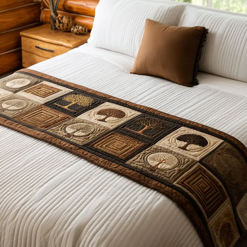 Parthenon Tree Quilted Bed Runner Greek Tree Motif Heritage-Inspired Gift