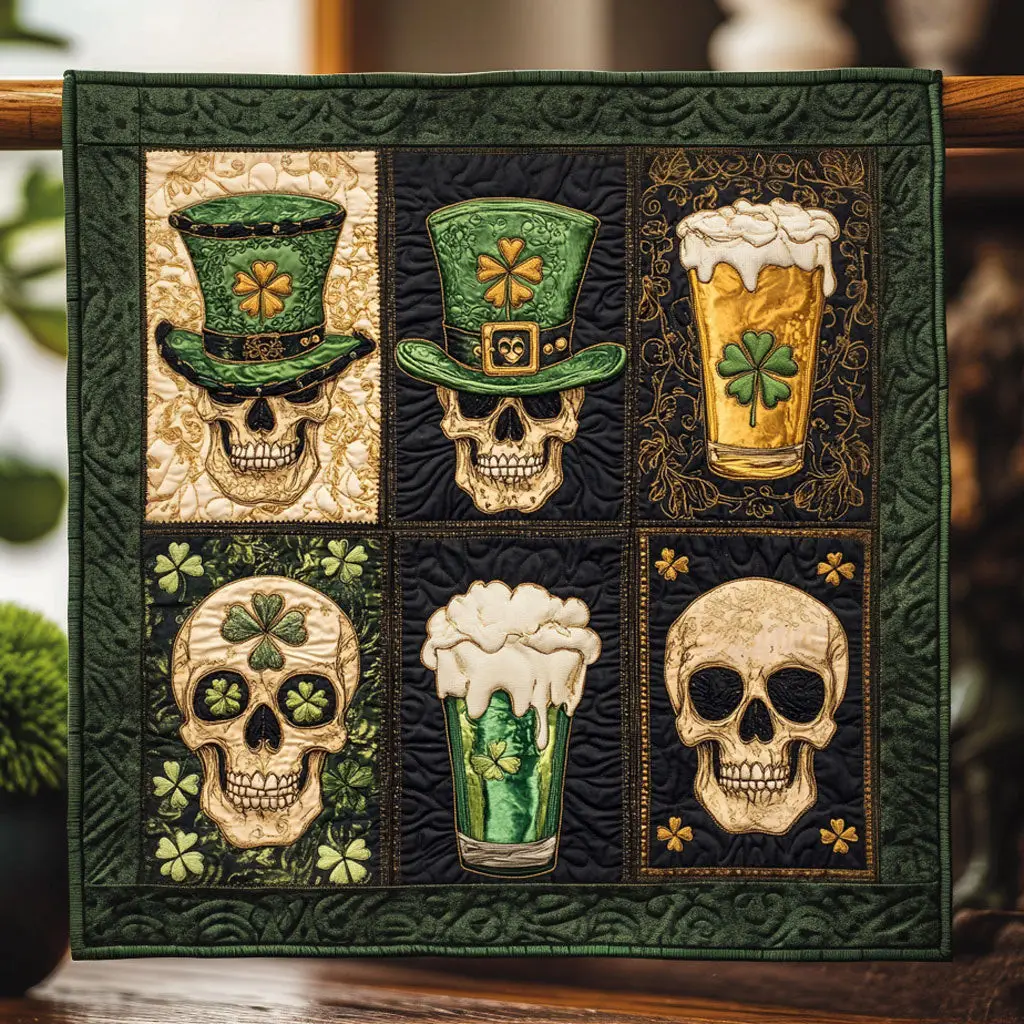 Party Skull Graphic Quilted Blanket Shamrock Happy St Patrick's Day Skeleton Lover Gifts