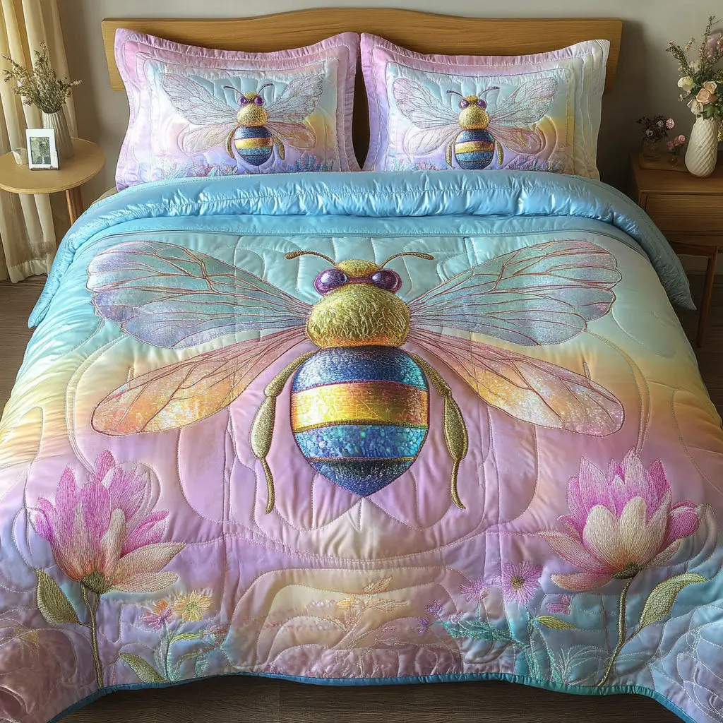 Pastel Dream Bee Quilted Bedding Set Christmas Duvet Sets Gifts With Bee Theme