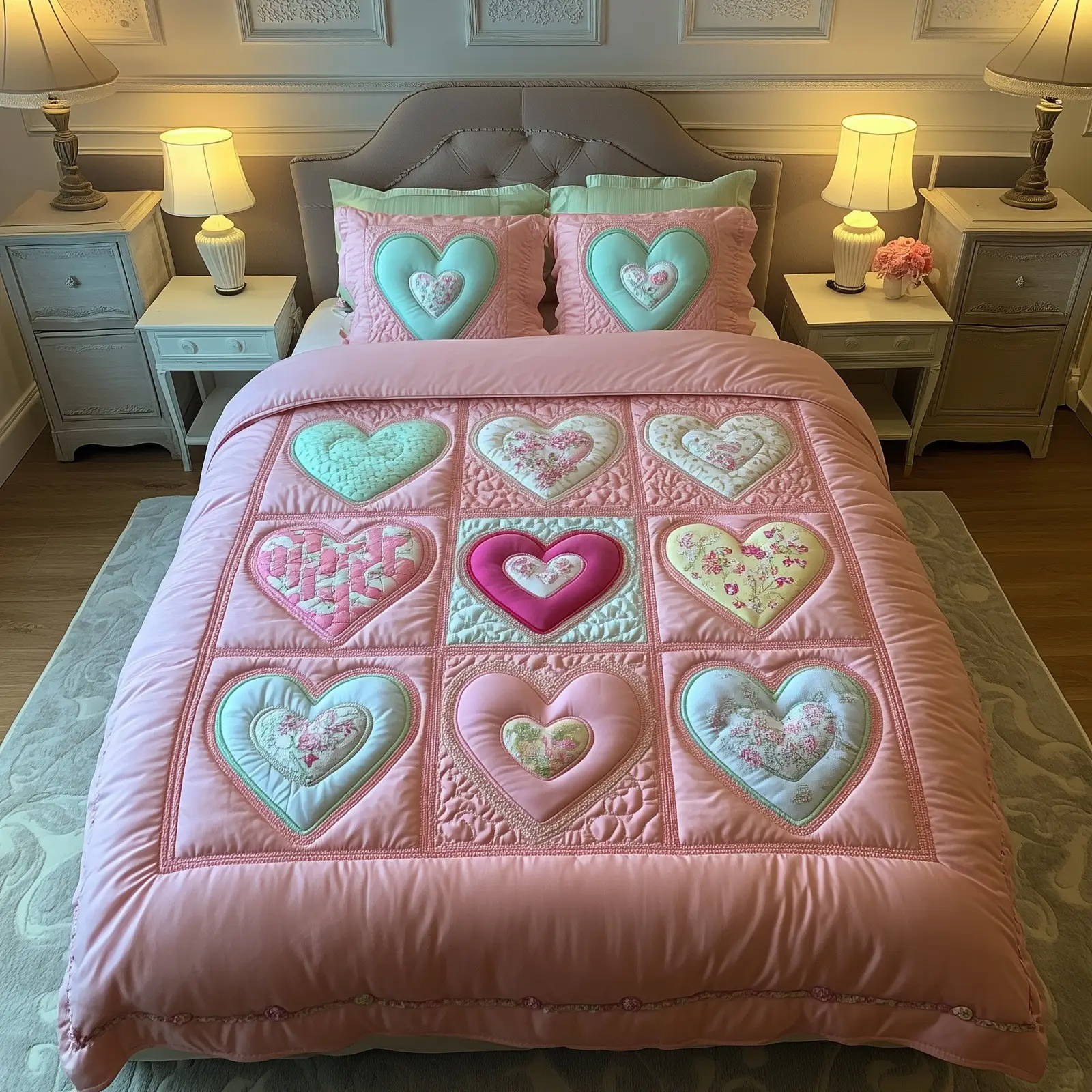 Pastel Love Quilted Bedding Set Duvet Cover Bedspread Valentine Gifts For Wife