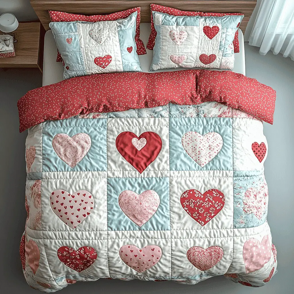 Patchwork Hearts Quilted Bedding Set Valentine Day Presents For Your Sister Patchwork Hearts Quilted Bedding Set Valentine Day Presents For Your Sister - Image 1