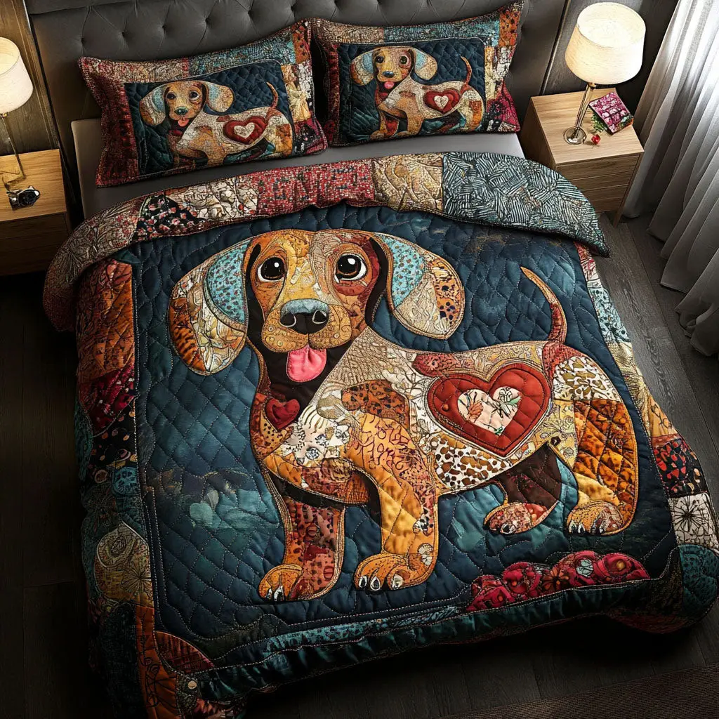 Patchwork Pup Quilted Bedding Set Bed Decorations Dachshund Gifts For Women