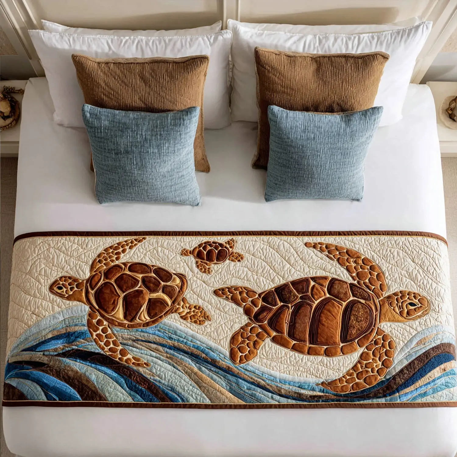 Patchy Turtle Quilted Bed Runner Patchy Turtle Pattern Ocean Lover Gift Patchy Turtle Quilted Bed Runner Patchy Turtle Pattern Ocean Lover Gift - Image 1
