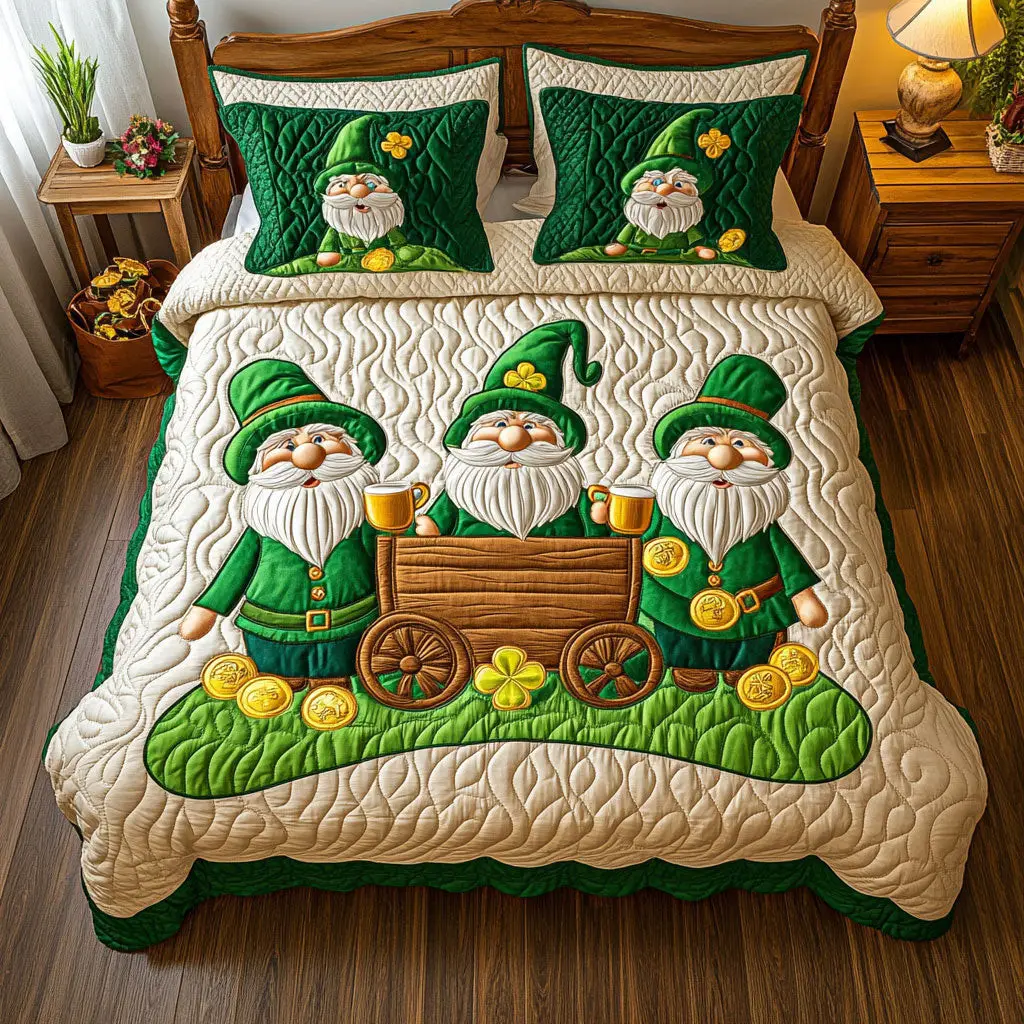 Patrick’s Lucky Gnome Quilted Bedding Set Cozy Aesthetic Home Decor St Patrick Gifts