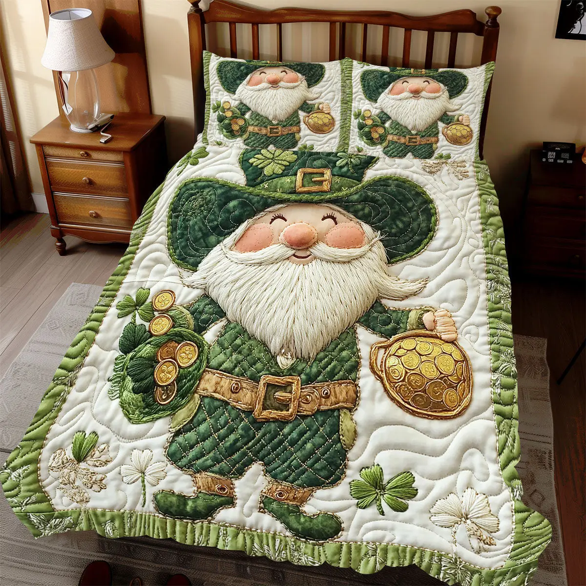 Patrick’s Lucky Gnome Quilted Bedding Set Cozy Home Decor St Patty's Day Gift For Cousin Patrick’s Lucky Gnome Quilted Bedding Set Cozy Home Decor St Patty's Day Gift For Cousin - Image 1