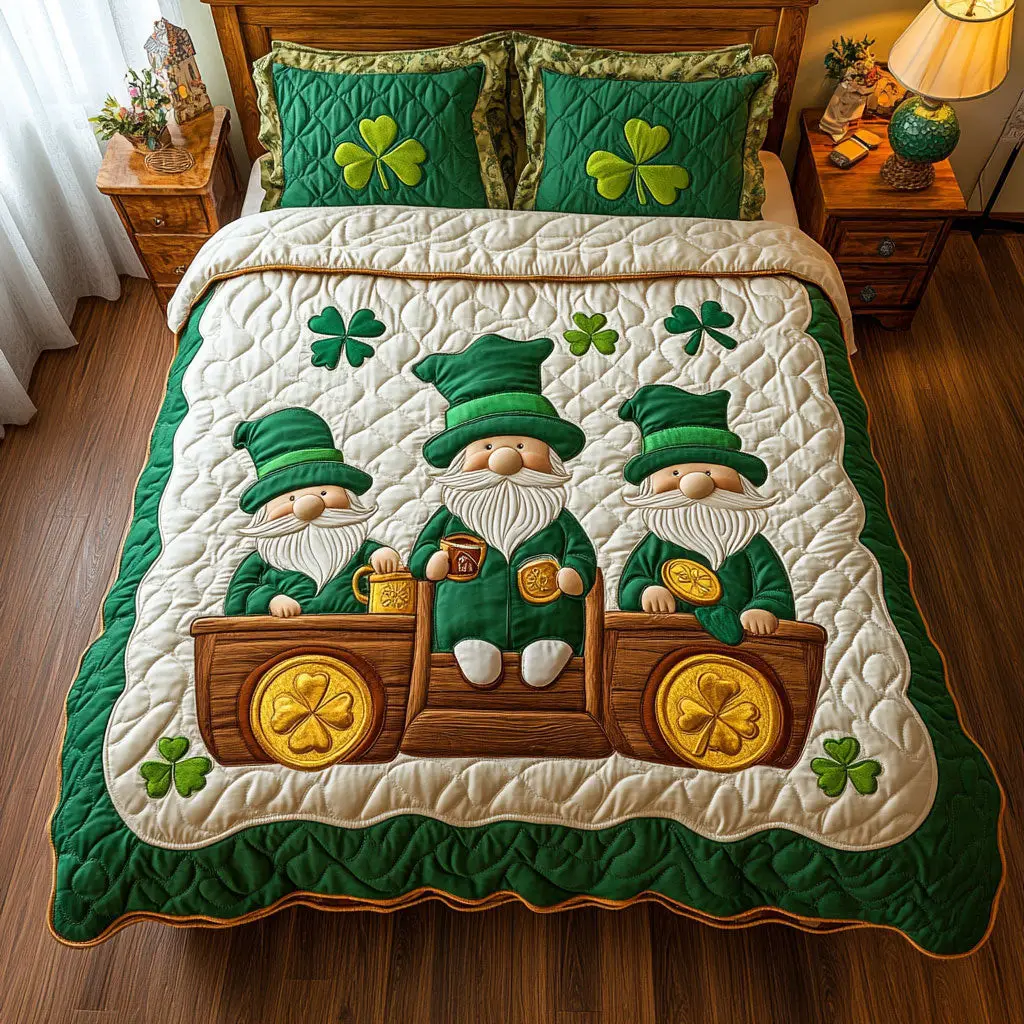 Patrick’s Lucky Gnome Quilted Bedding Set Home Decor St Patricks Day Gifts For Lovers