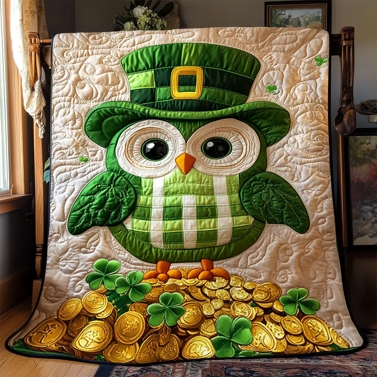Patrick’s Lucky Owl Quilted Blanket Animal Decor St Paddys Day Gift For Owl Lovers