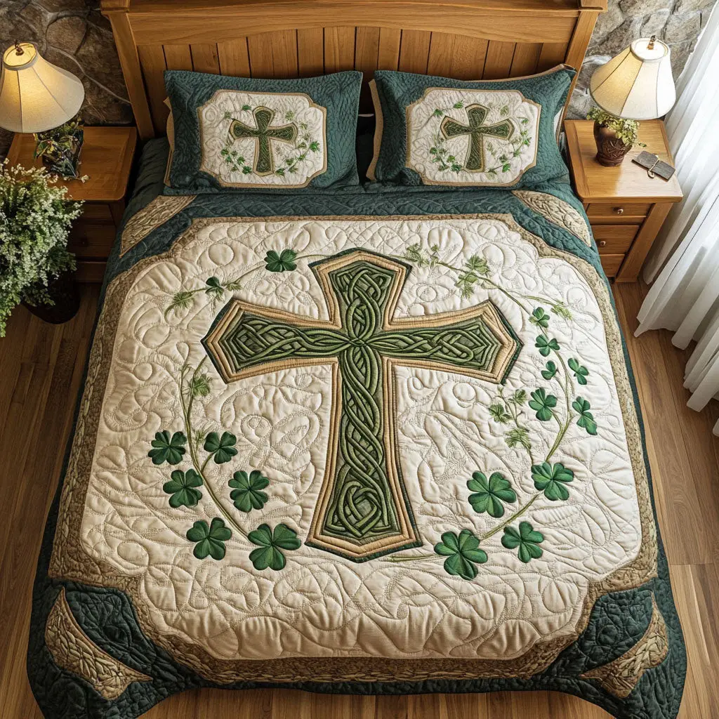 Patrick Cross Quilted Bedding Set Cozy Home Decor St Patty's Day Gift For Brother