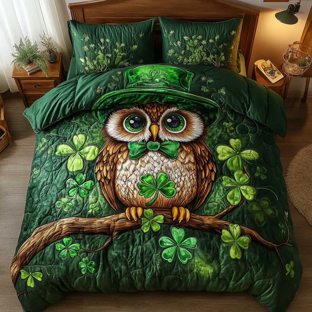 Patrick Owl Quilted Bedding Set Home Decor St Patricks Day Presents For Owl Lovers