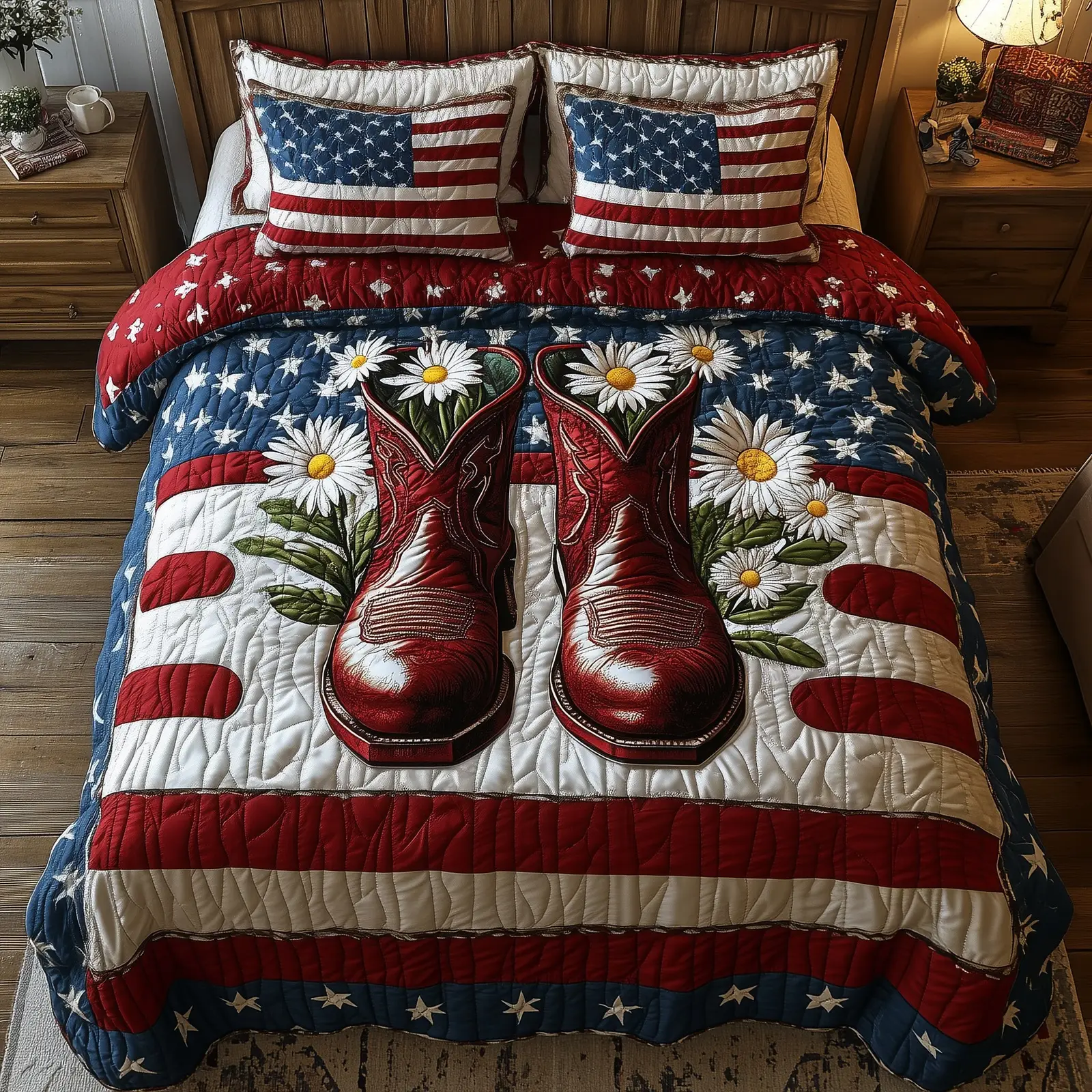 Patriot Floral Boost  Quilted Bedding Set 4Th Of July Gifts For Coworkers