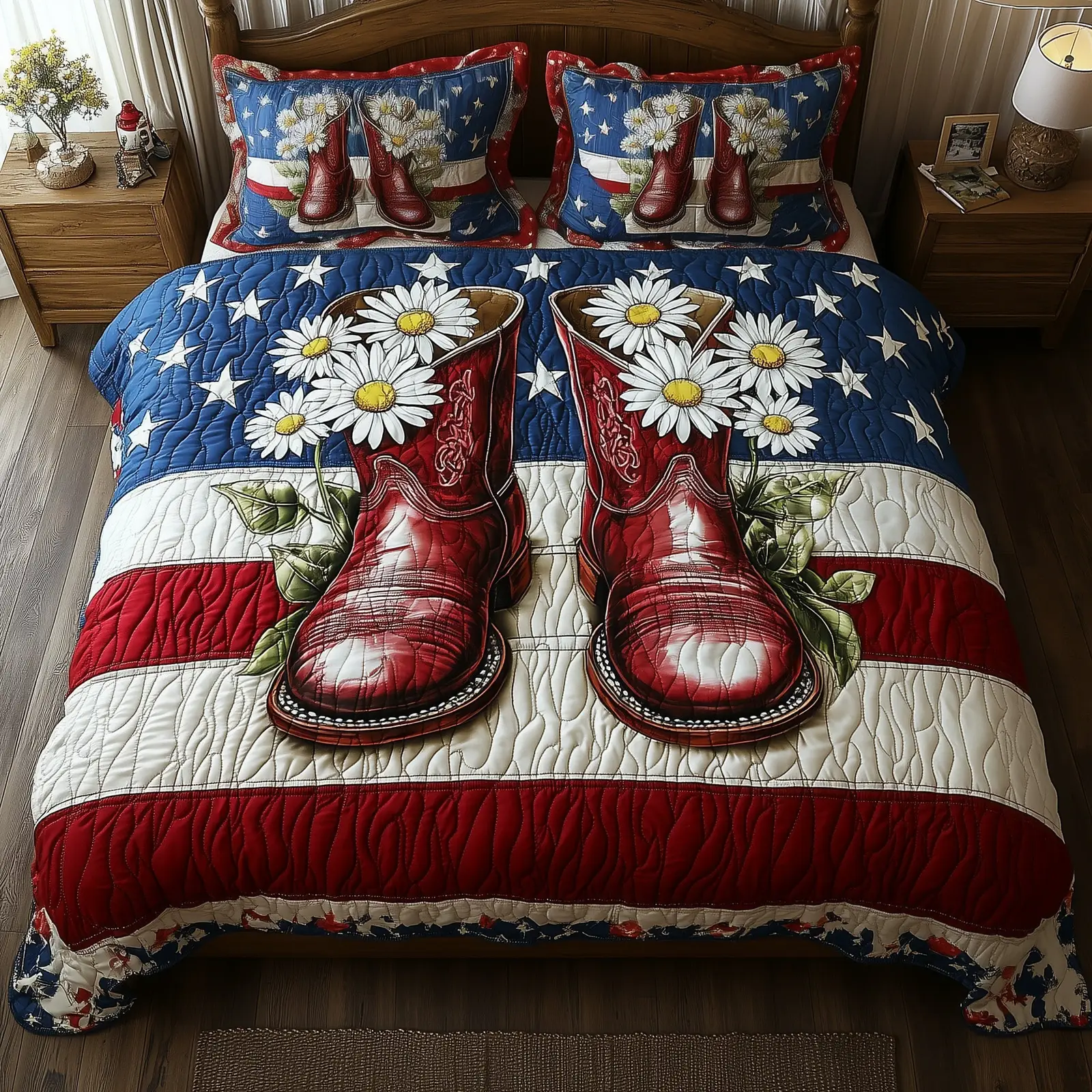 Patriot Floral Boost  Quilted Bedding Set King Size Duvet Cover Fourth Of July Gifts