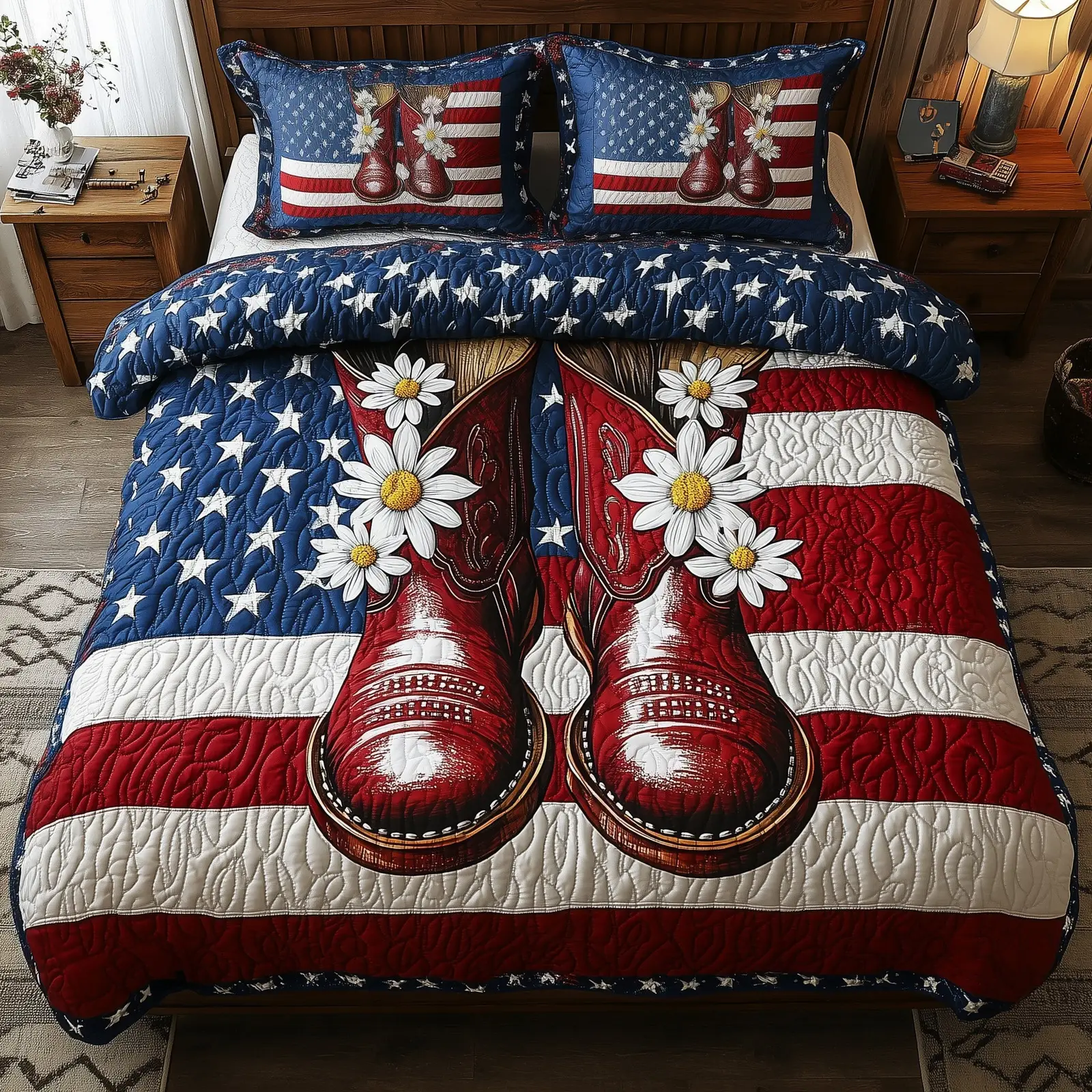 Patriot Floral Boost  Quilted Bedding Set Luxury Bedding Sets Independence Day Gifts For Farmers