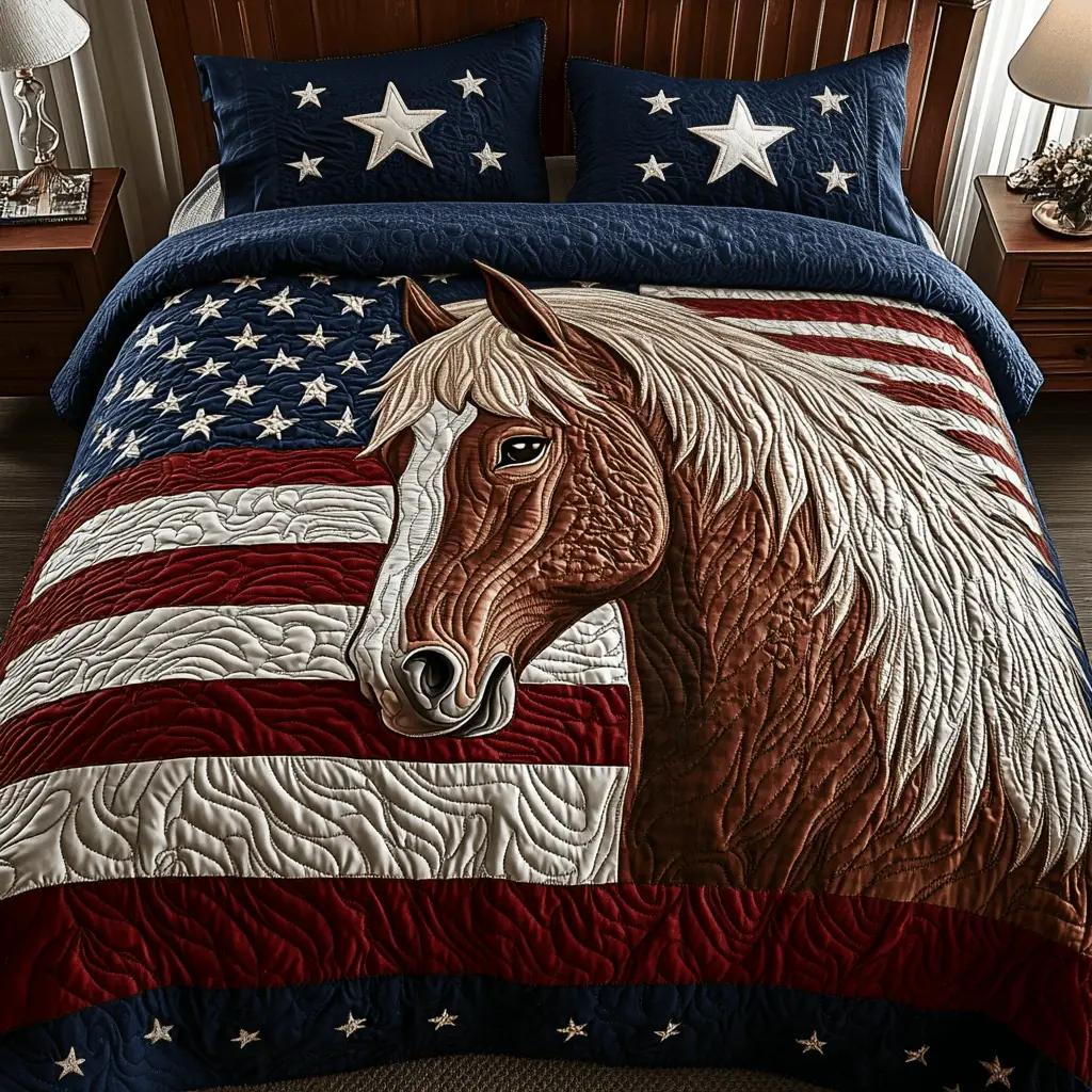 Patriot Gallop  Quilted Bedding Set  Duvet Cover Queen Best 4Th Of July Gifts