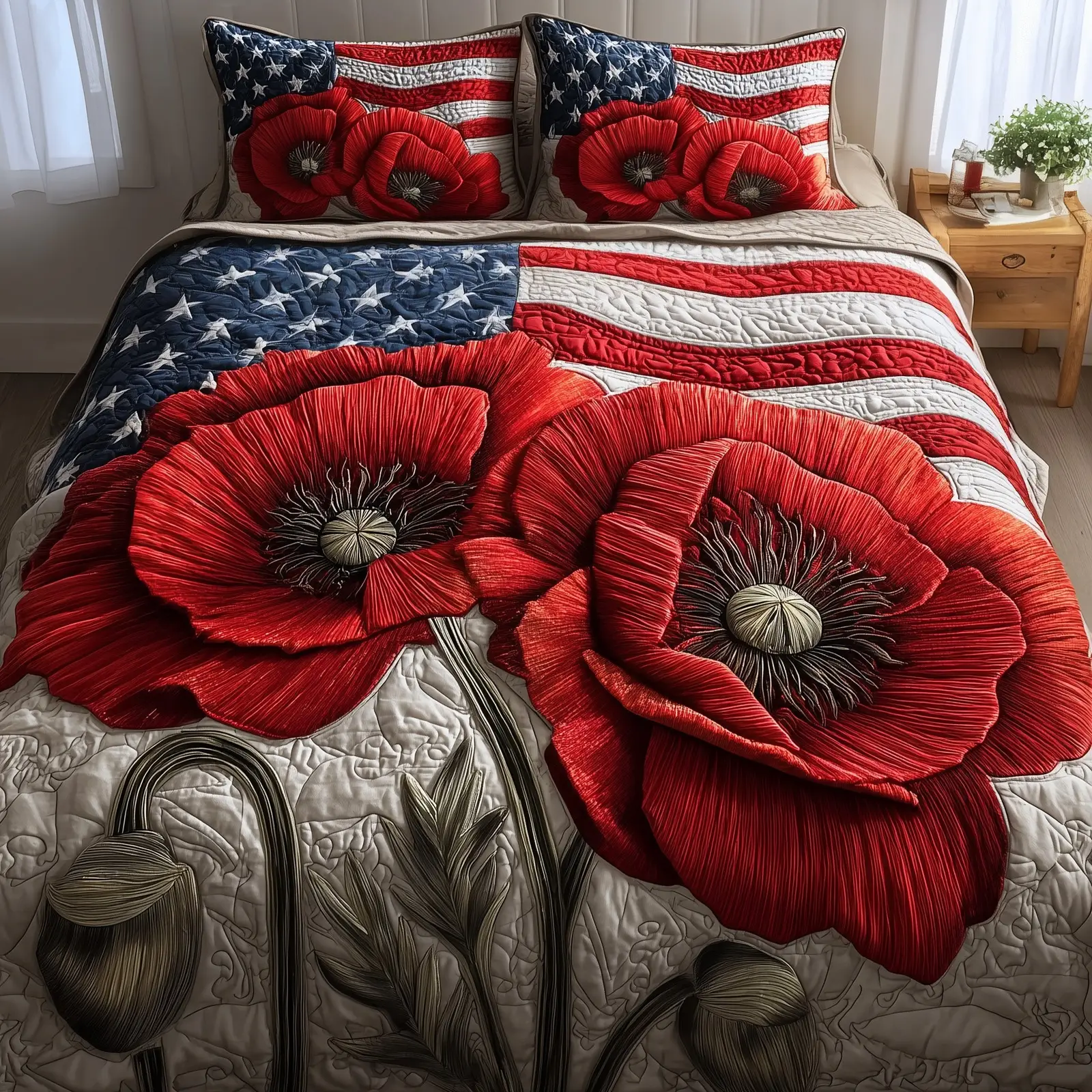 Patriot Poppies Quilted Bedding Set Classic Style