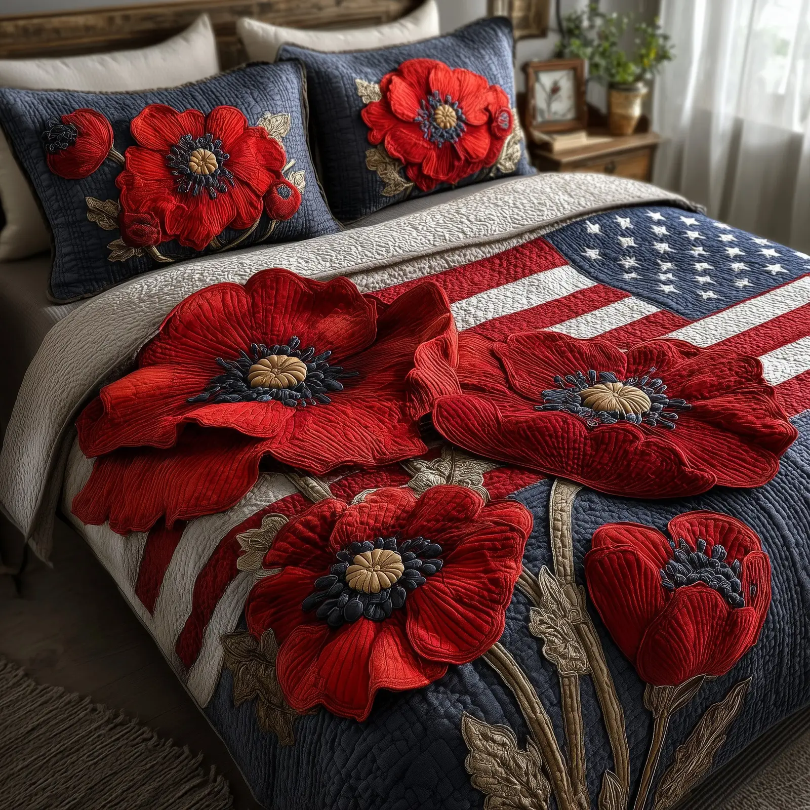 Patriot Poppies Quilted Bedding Set Modern Design
