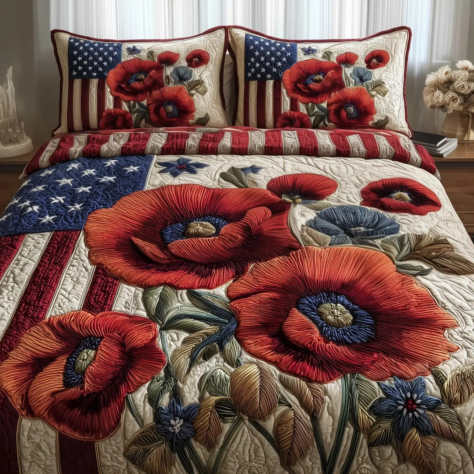 Patriot Poppies Quilted Bedding Set Striped Design