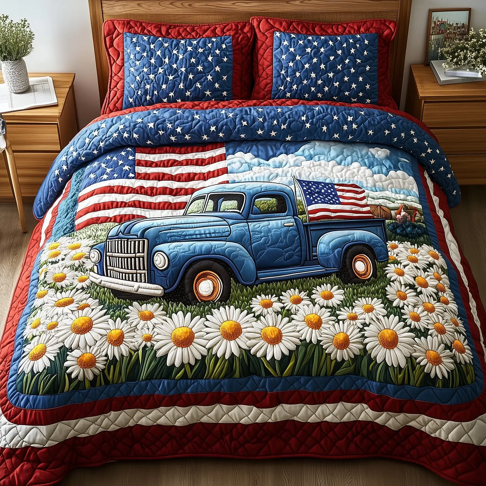Patriotic America Truck  Quilted Bedding Set  4Th Of July Gifts For Coworkers