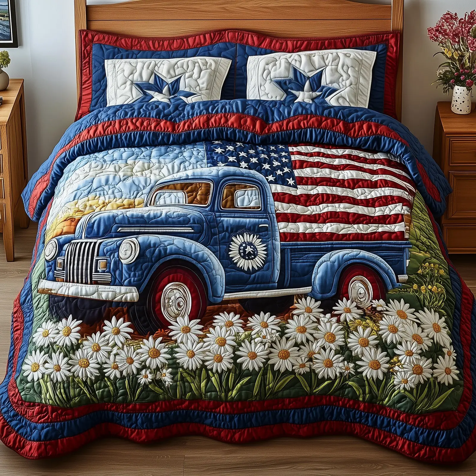 Patriotic America Truck  Quilted Bedding Set 4Th Of July Gifts For Truck Drivers