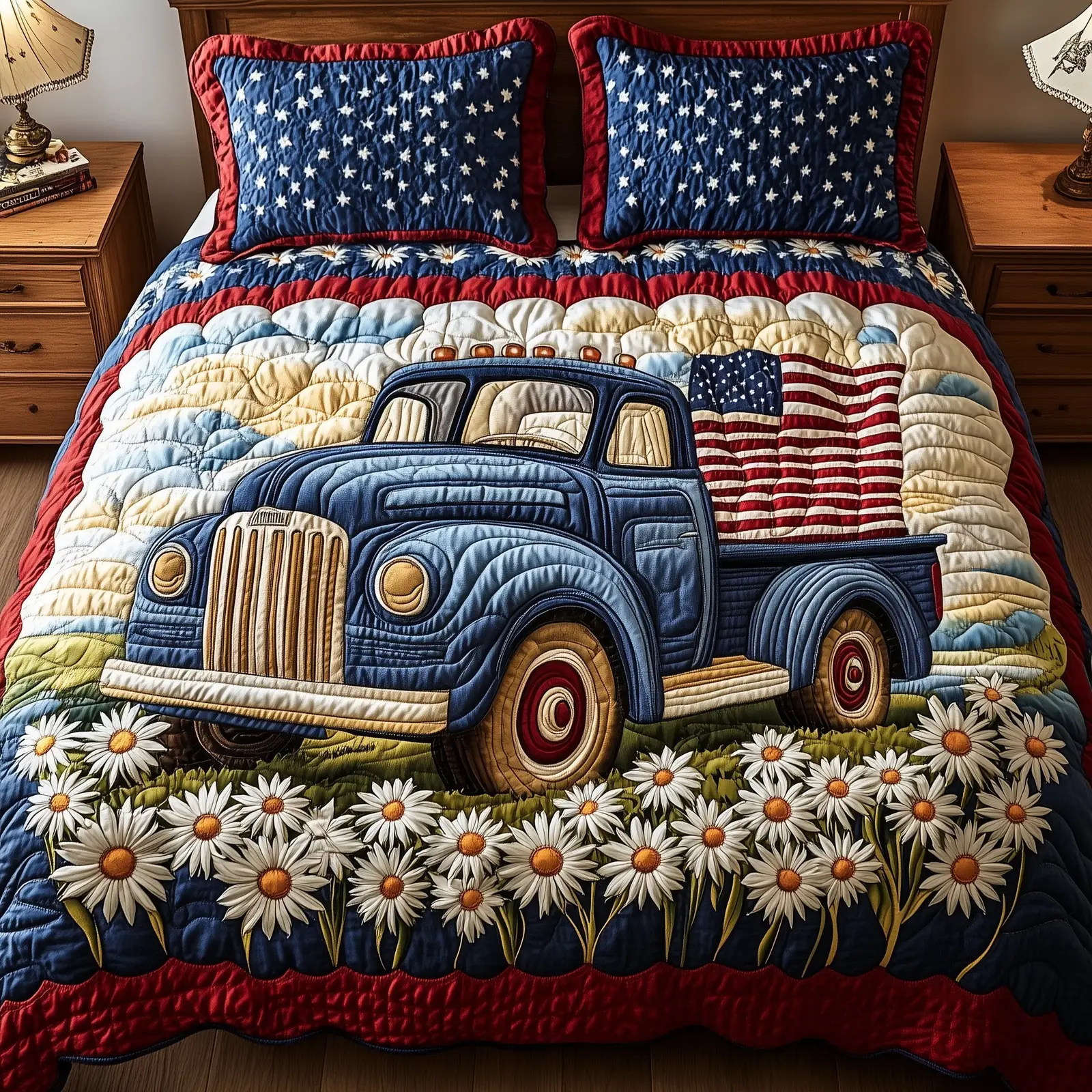 Patriotic America Truck Quilted Bedding Set Best Bedding Sets Cute 4Th Of July Gifts For Truck Drivers Patriotic America Truck Quilted Bedding Set Best Bedding Sets Cute 4Th Of July Gifts For Truck Drivers - Image 1