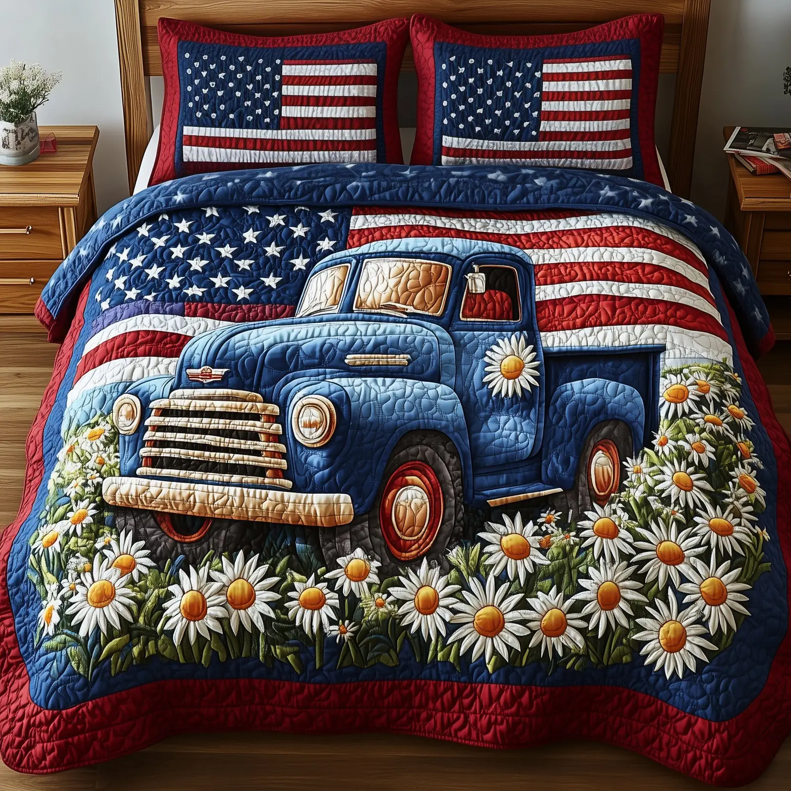 Patriotic America Truck  Quilted Bedding Set Best Bedding Sets Cute 4Th Of July Gifts