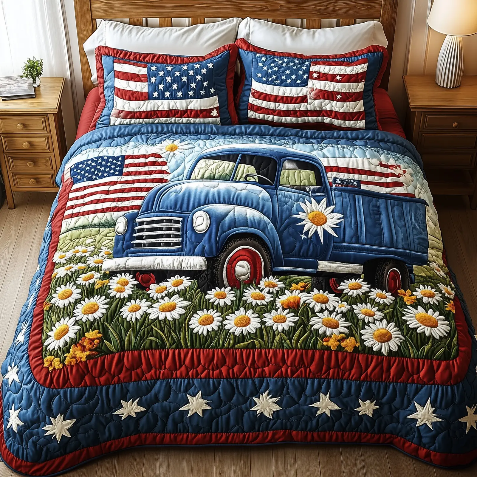 Patriotic America Truck Quilted Bedding Set King Size Duvet Cover Best 4Th Of July Gifts Patriotic America Truck Quilted Bedding Set King Size Duvet Cover Best 4Th Of July Gifts - Image 1