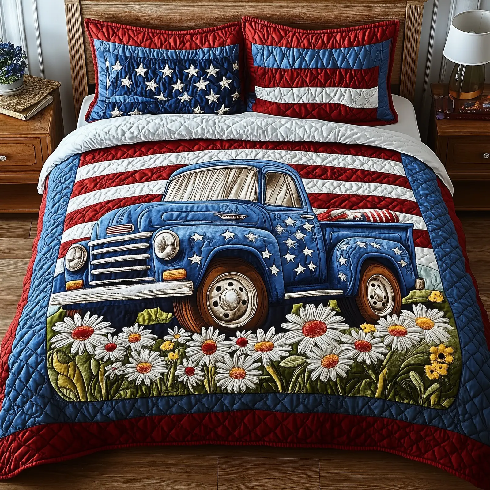 Patriotic America Truck  Quilted Bedding Set  King Size Duvet Cover Fourth Of July Birthday Gifts