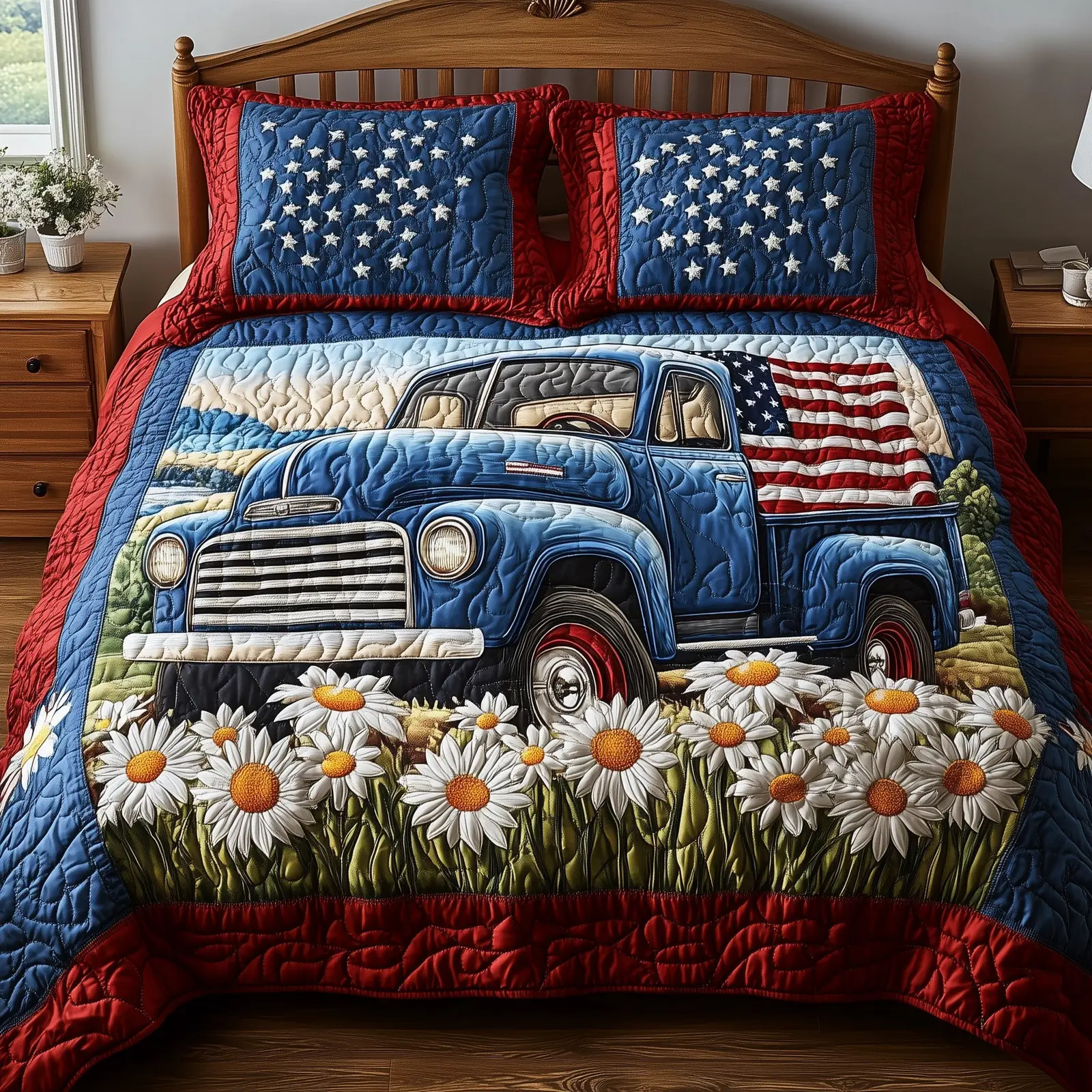 Patriotic America Truck  Quilted Bedding Set  King Size Duvet Cover Fourth Of July Gifts
