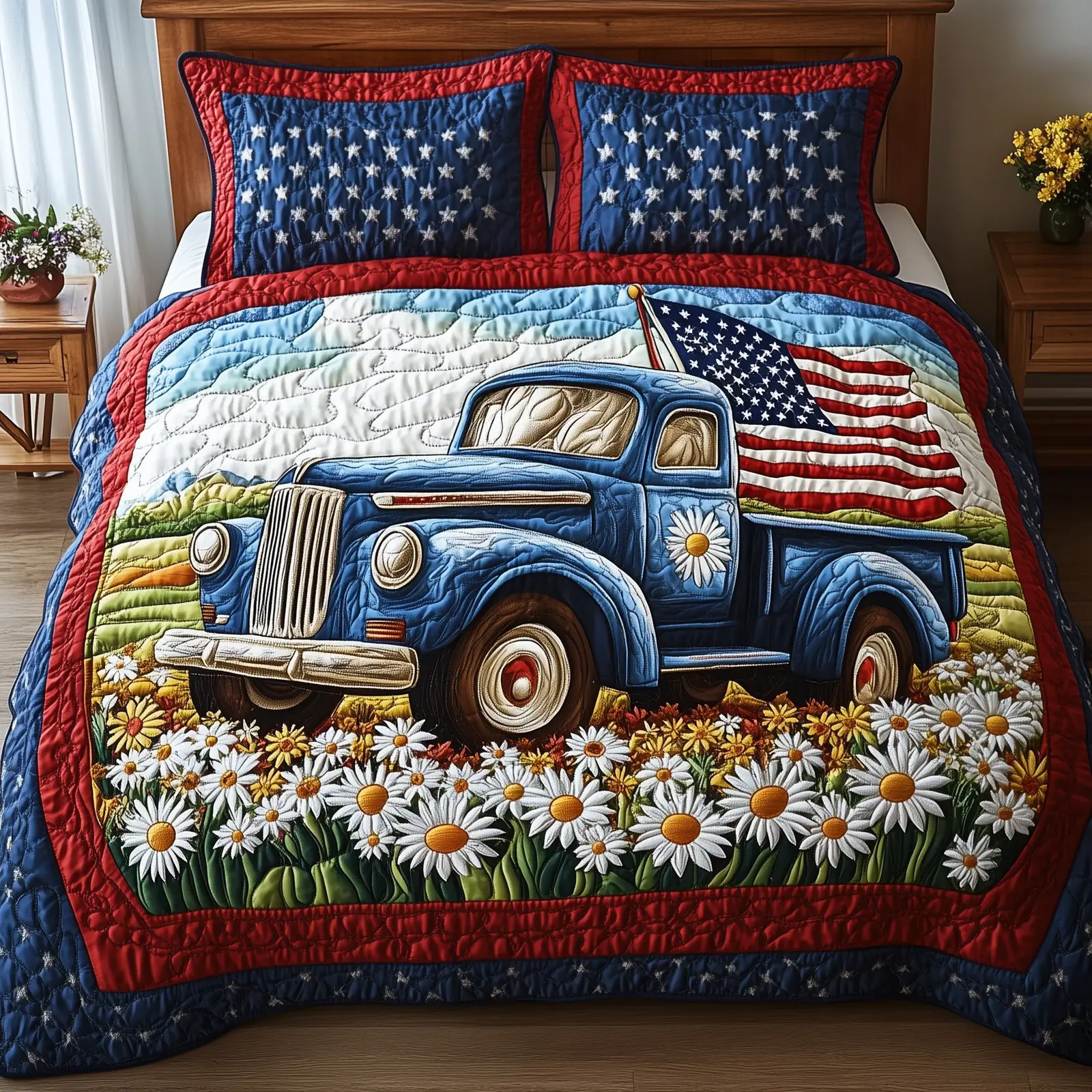 Patriotic America Truck Quilted Bedding Set King Size Quilt Fourth Of July Gift Ideas Patriotic America Truck Quilted Bedding Set King Size Quilt Fourth Of July Gift Ideas - Image 1