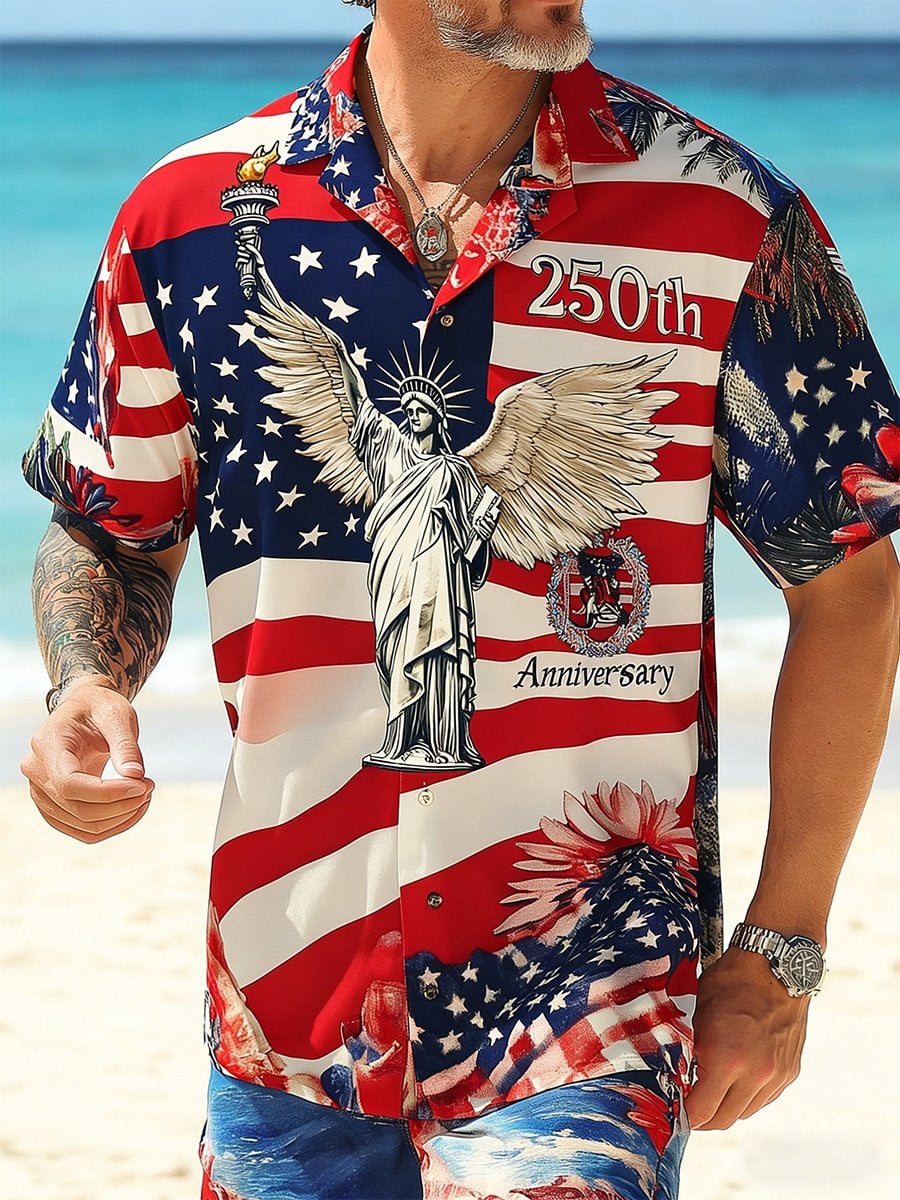 Patriotic Angel Statue Of Liberty Hawaiian Shirt 250 Years USA Anniversary Clothing Gift Ideas