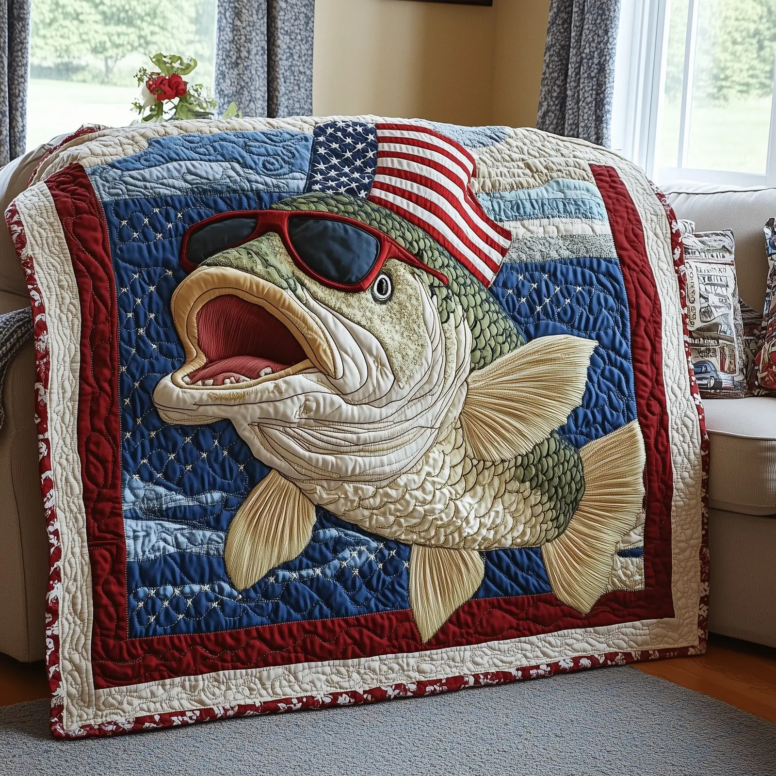 Patriotic Bass Fishing Quilted Blanket American Flag Fish Design Gifts For Fishing Lovers