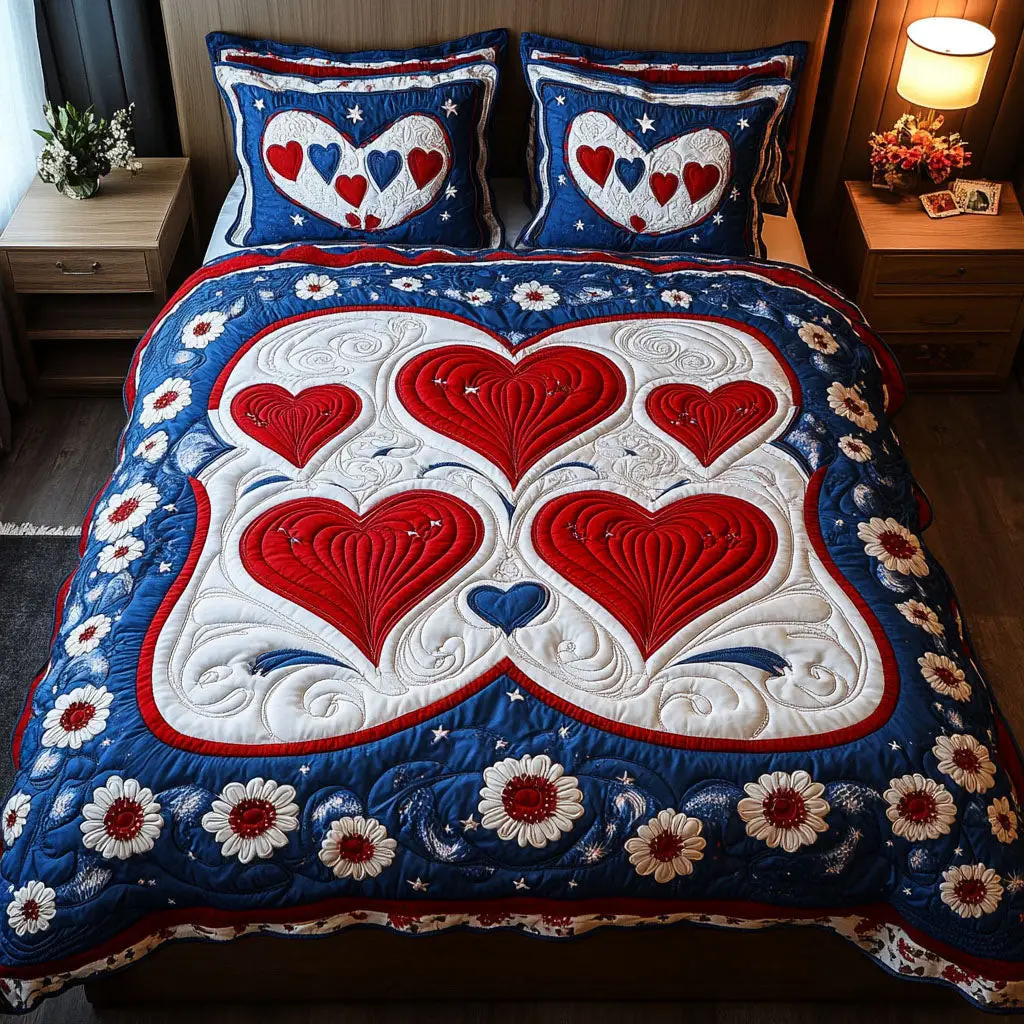 Patriotic Blossom Symphony  Quilted Bedding Set  King Size Bed Set Best 4Th Of July Gifts