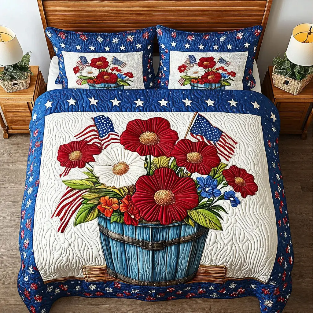 Patriotic Bouquet  Quilted Bedding Set  King Size Bed Set Best 4Th Of July Gifts