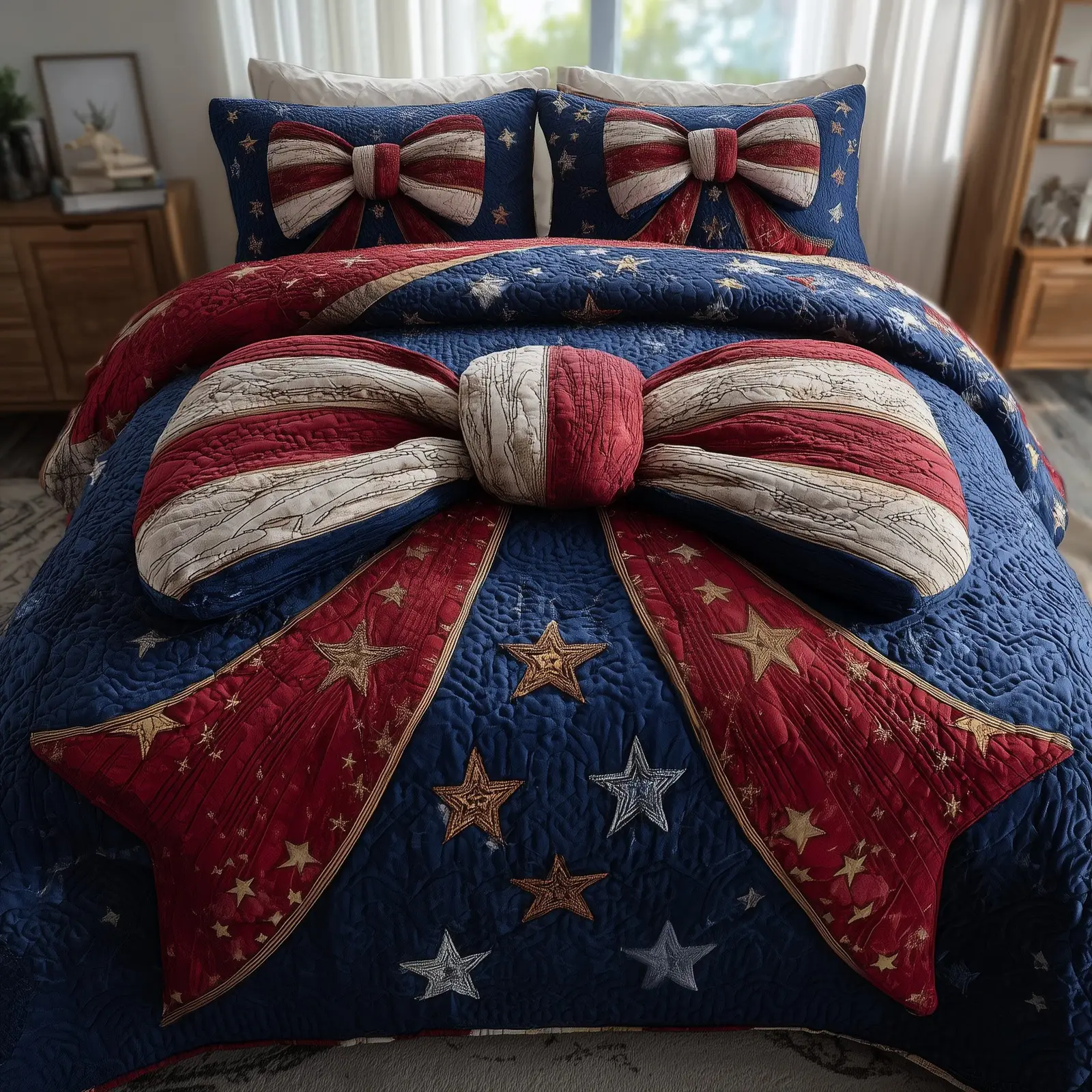 Patriotic Bow Quilted Bedding Set Holiday Gift