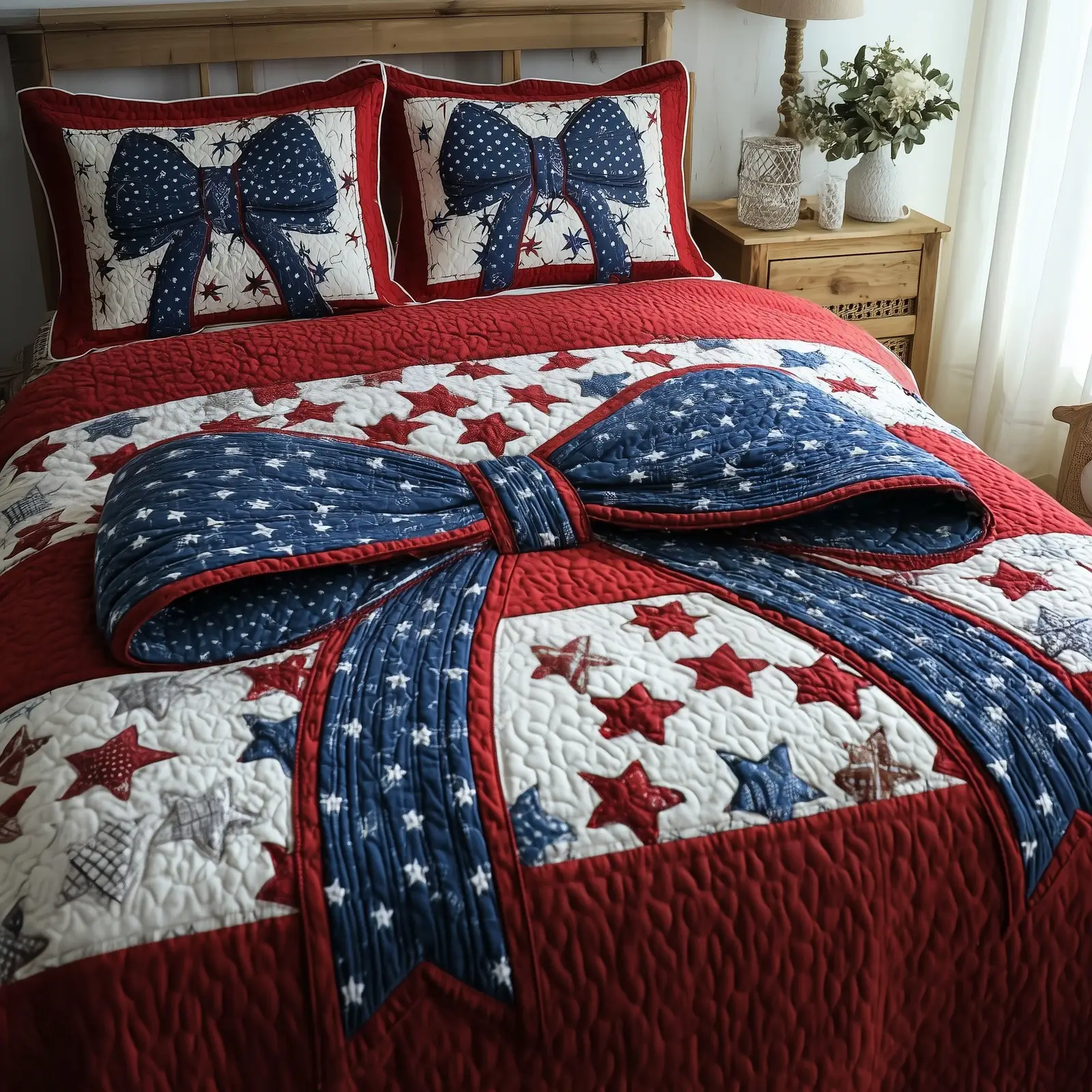 Patriotic Bow Quilted Bedding Set Lightweight