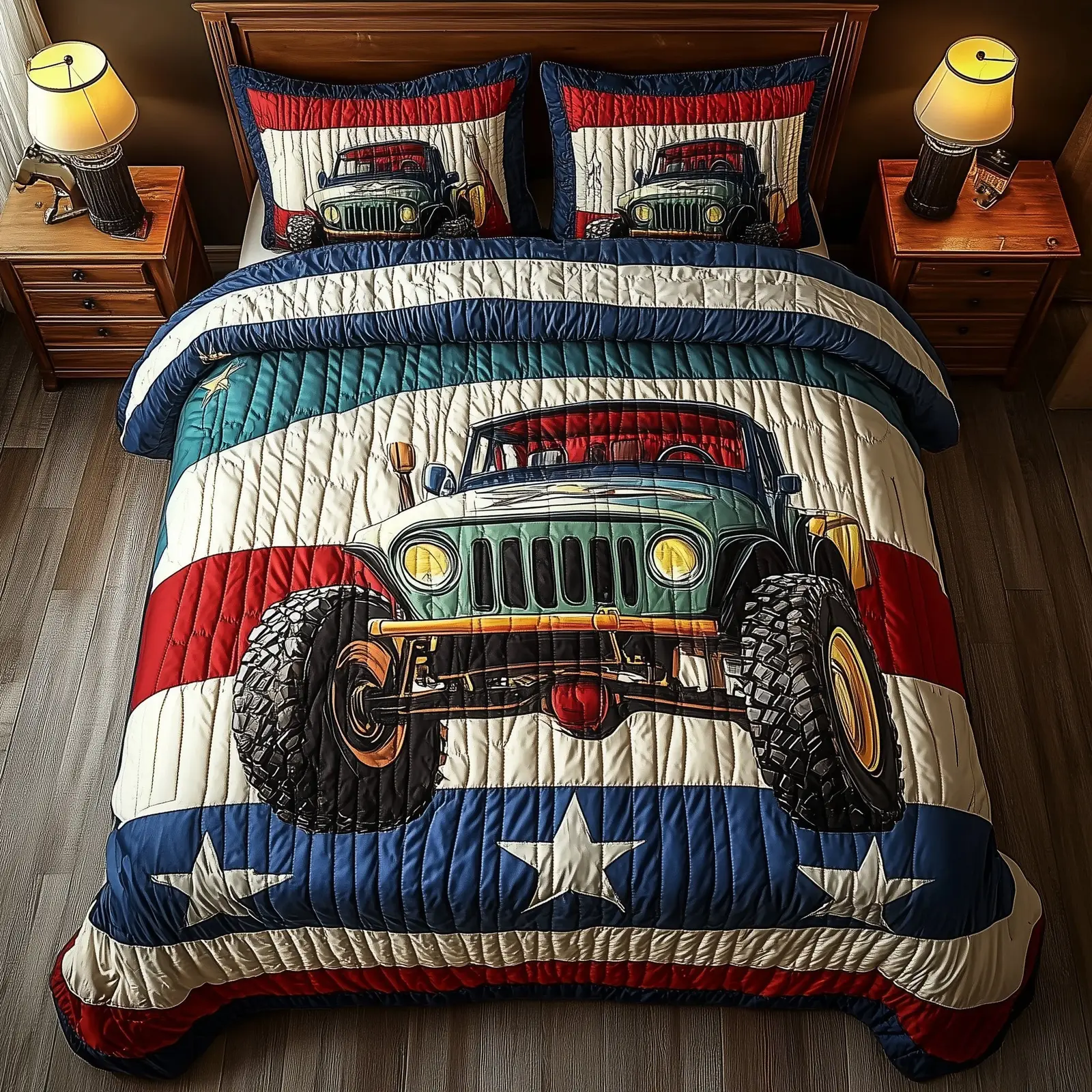Patriotic Chase  Quilted Bedding Set King Size Bed Set 4Th Of July Neighbor Gifts