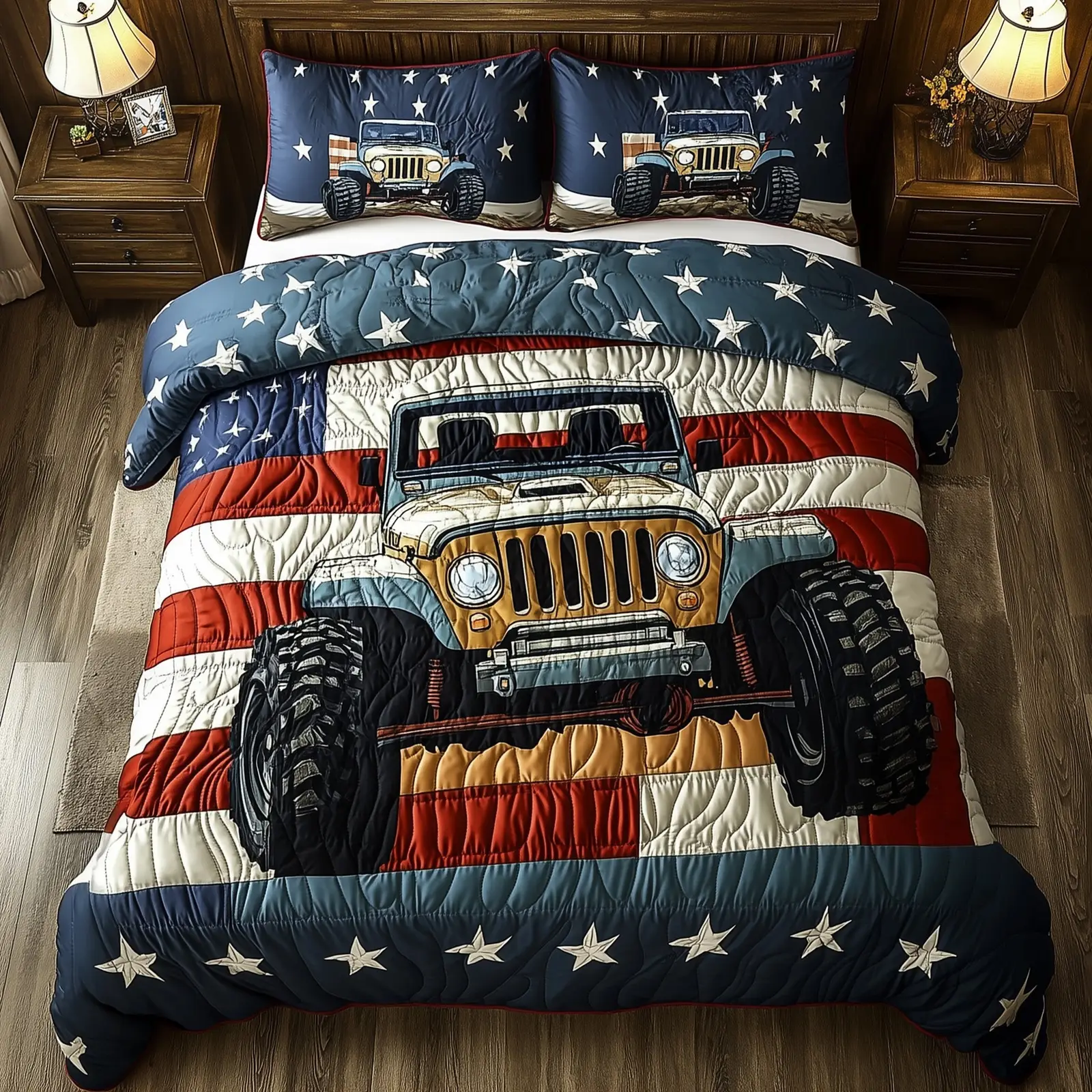 Patriotic Chase  Quilted Bedding Set King Size Duvet Cover Best 4Th Of July Gifts