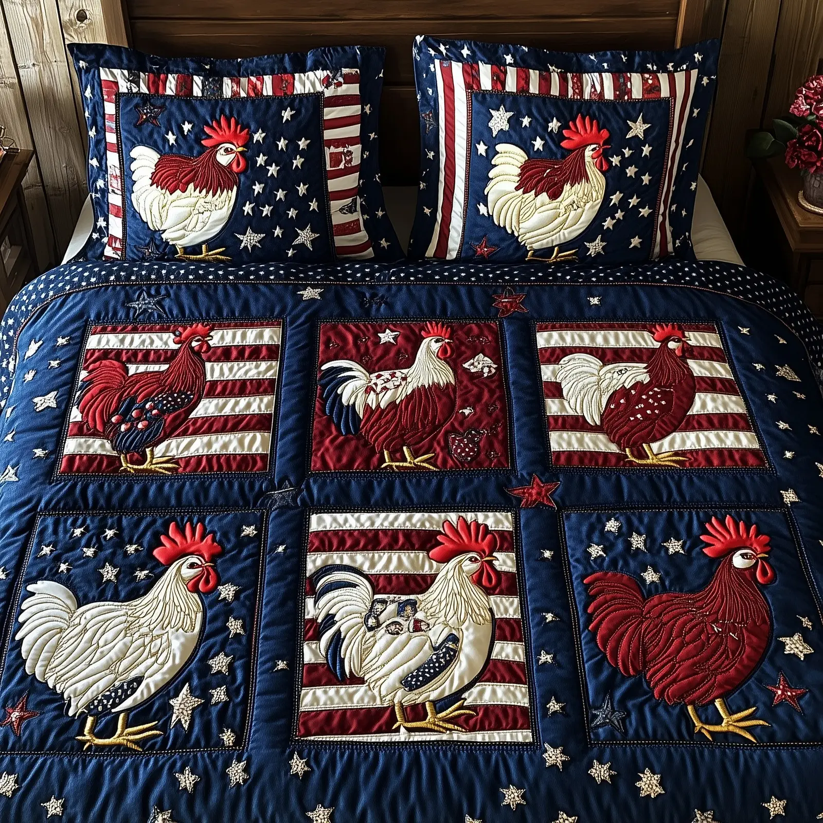 Patriotic Chicken  Quilted Bedding Set  King Size Bed Set 4Th Of July Neighbor Gifts