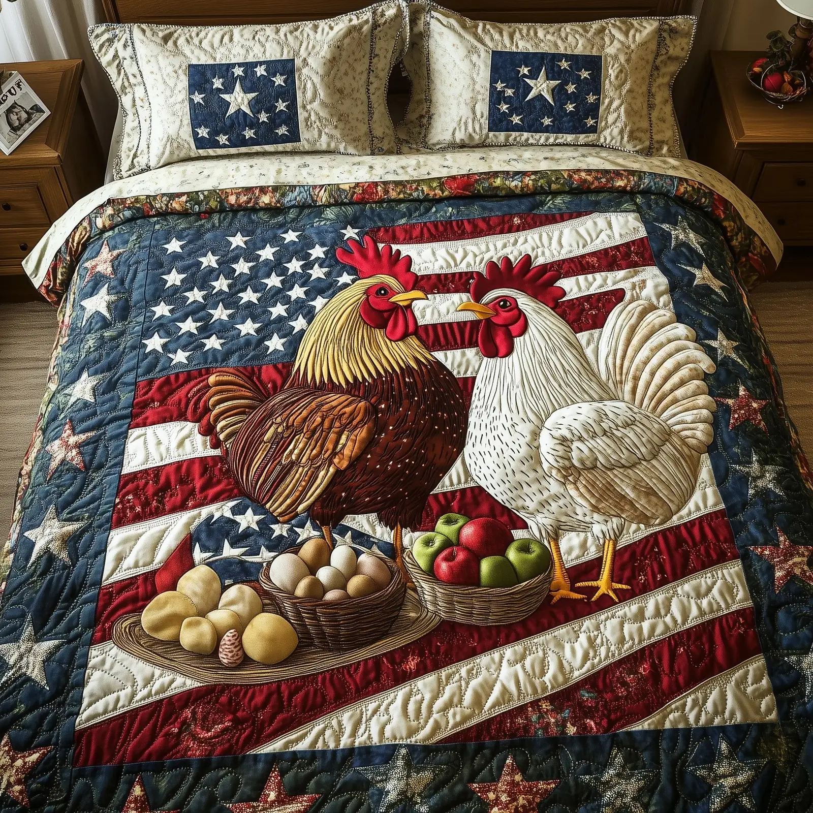 Patriotic Chicken Quilted Bedding Set King Size Quilt 4Th Of July Client Gifts Patriotic Chicken Quilted Bedding Set King Size Quilt 4Th Of July Client Gifts - Image 1