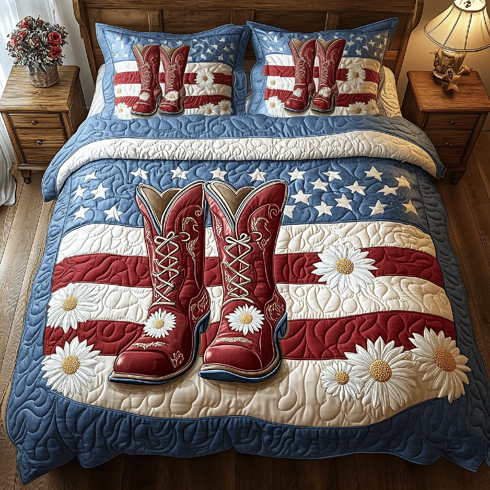 Patriotic Cowboy Boots  Quilted Bedding Set Best Bedding Sets 4Th Of July Neighbor Gifts
