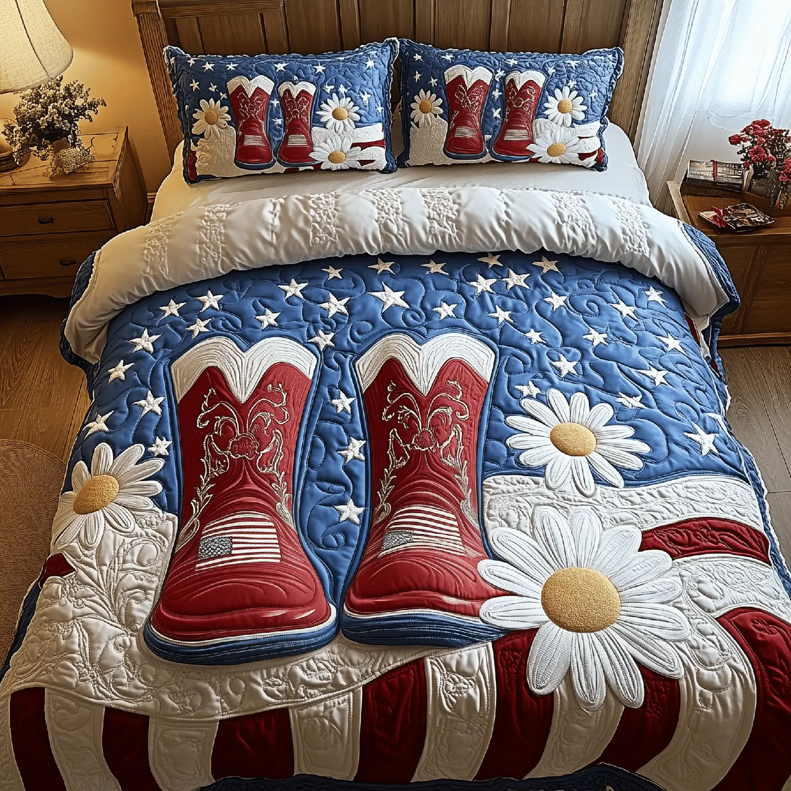 Patriotic Cowboy Boots  Quilted Bedding Set King Size Bed Set 4Th Of July Neighbor Gifts
