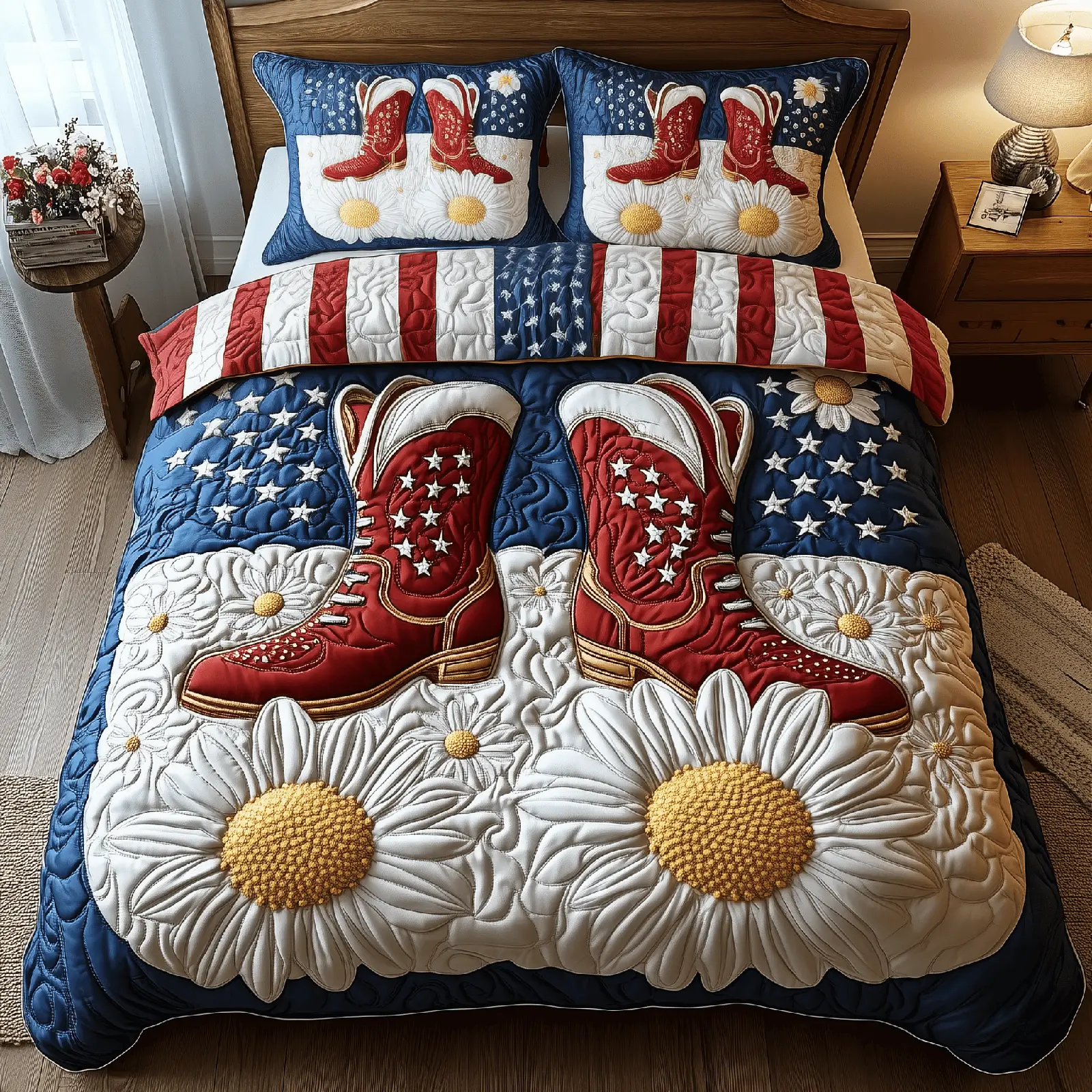 Patriotic Cowboy Boots  Quilted Bedding Set  King Size Duvet Cover Best 4Th Of July Gifts