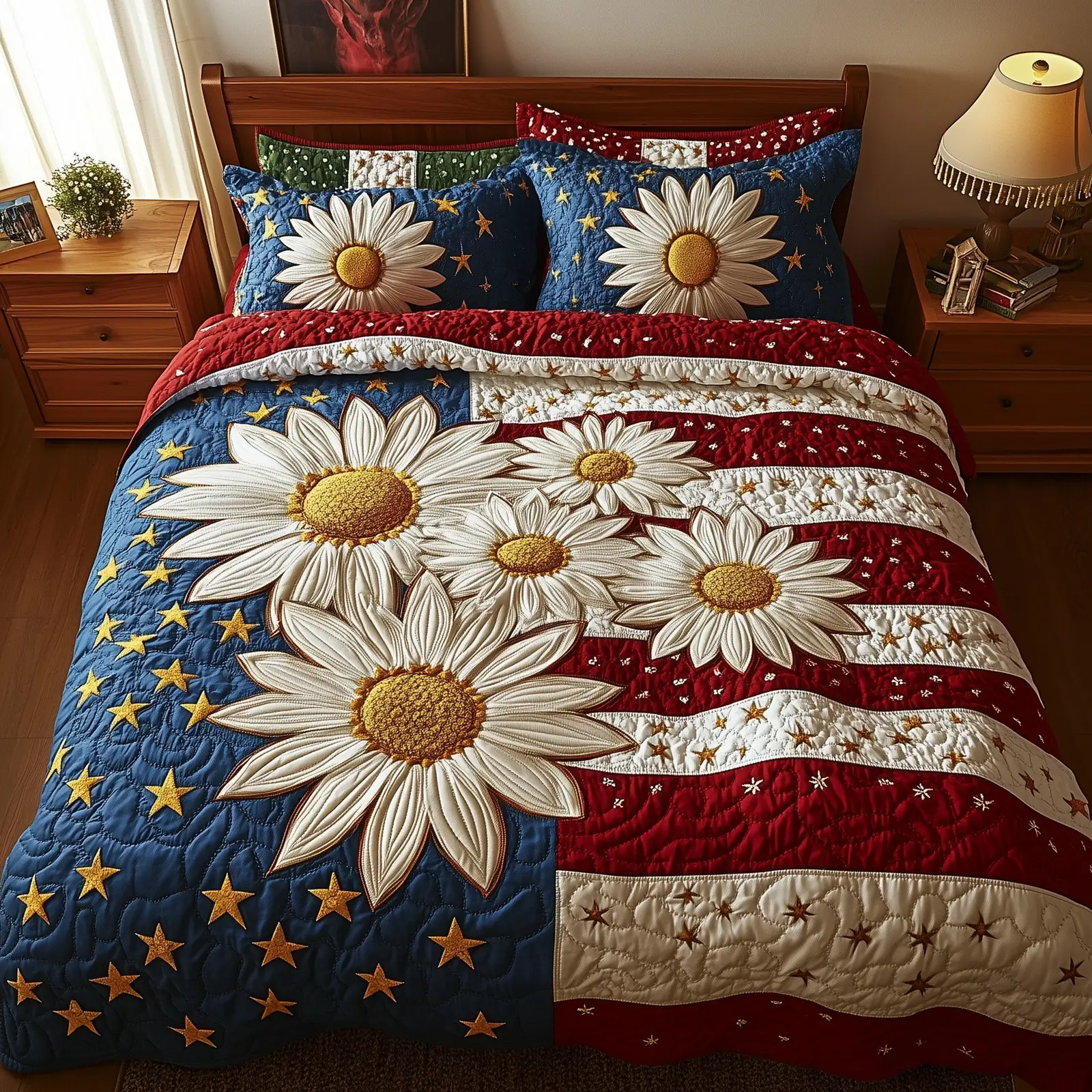 Patriotic Daisy  Quilted Bedding Set Floral Duvet Cover 4Th Of July Birthday Gift Ideas