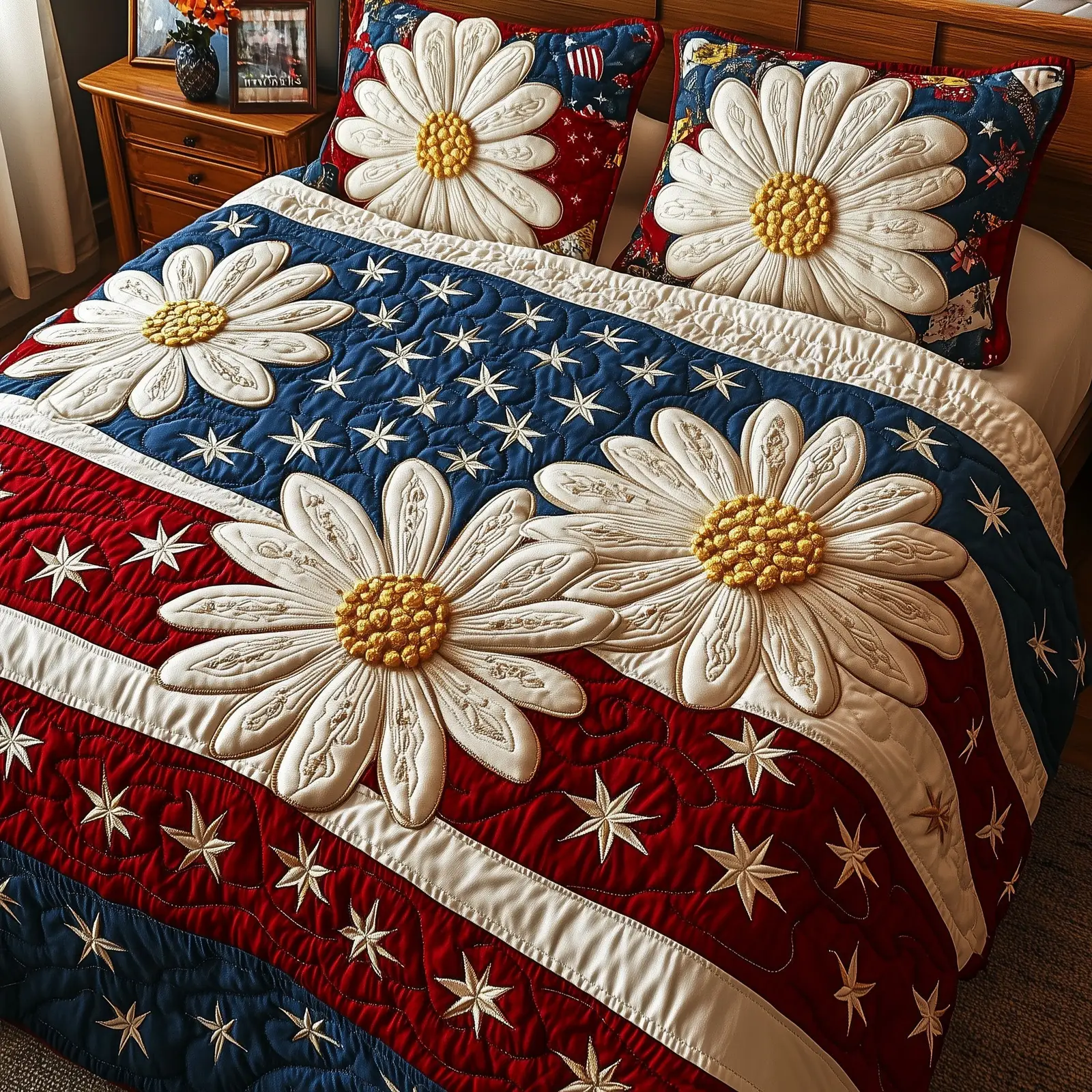 Patriotic Daisy  Quilted Bedding Set  Fourth Of July Birthday Presents