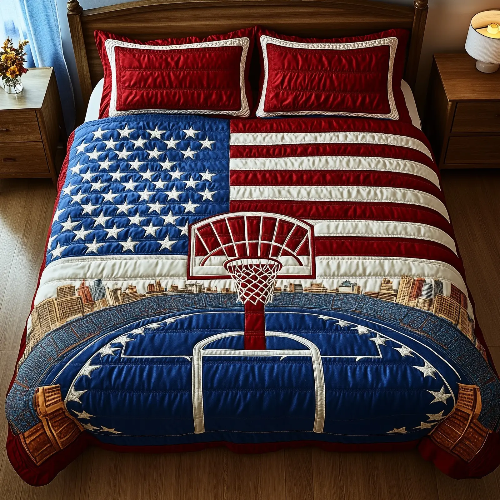 Patriotic Dunk Zone  Quilted Bedding Set Best Bedding Sets 4Th Of July Neighbor Gifts