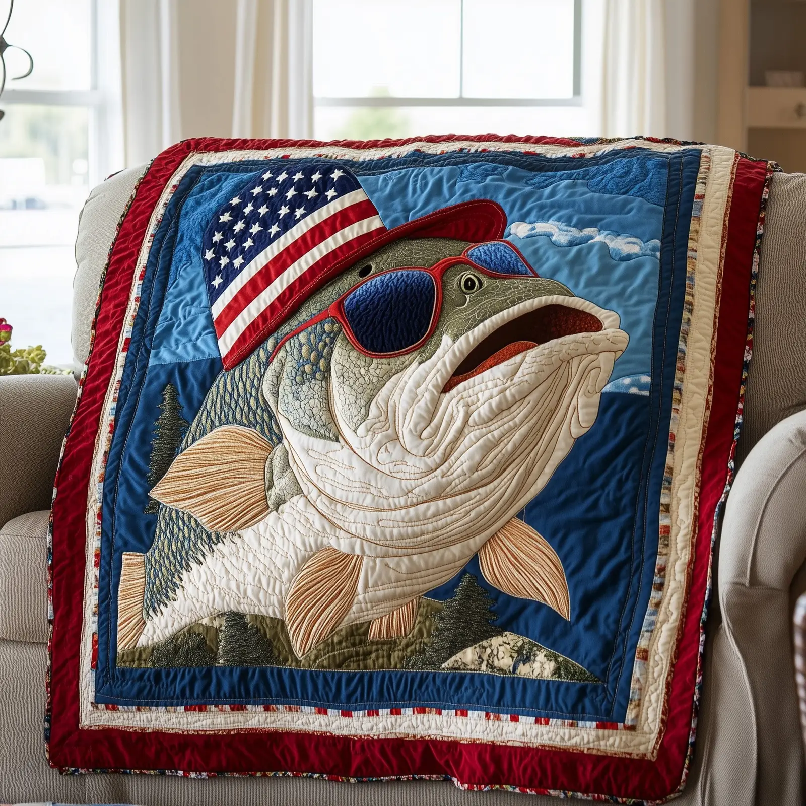Patriotic Fishing Bass Quilted Blanket Cool Angler Best Gifts For Fisherman